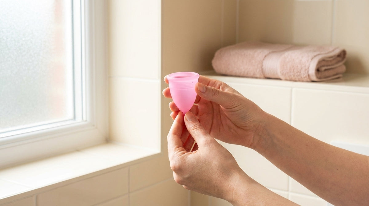 Hände prüfen, ob sich der Rand einer rosa Floena Menstruationstasse vollständig entfaltet hat