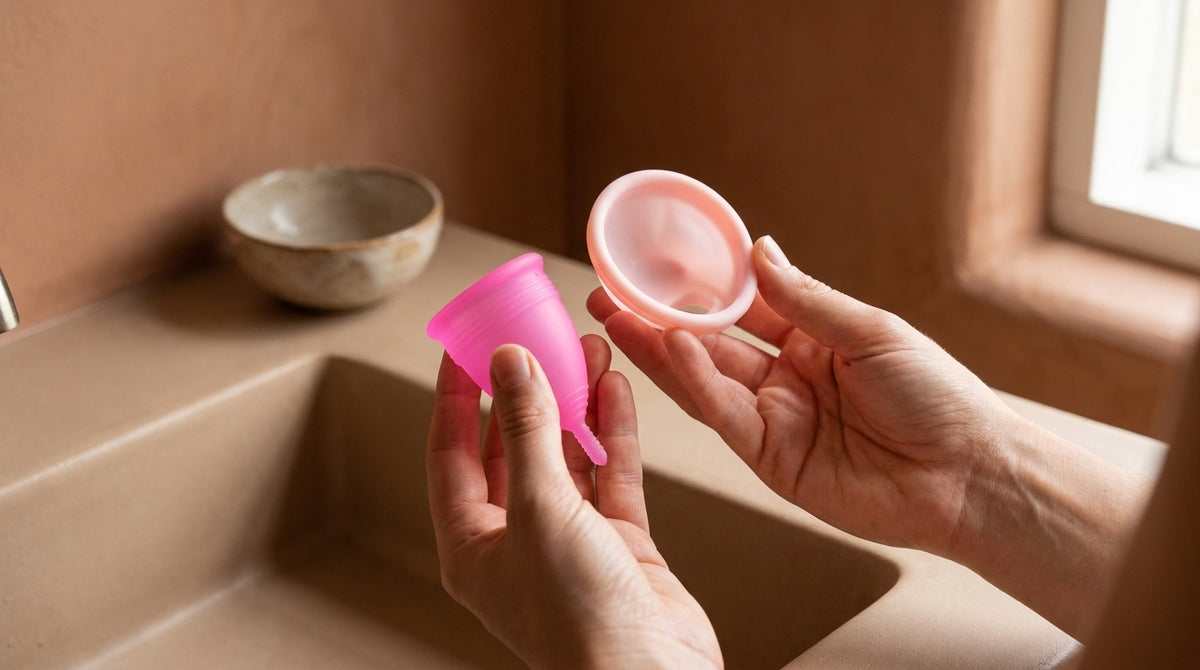 Hände vergleichen eine pinke Floena Menstruationstasse mit einer hellrosa Menstruationsscheibe