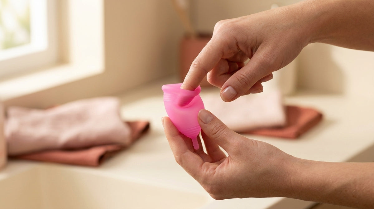 Hands demonstrating a punch-down fold with a pink Floena menstrual cup
