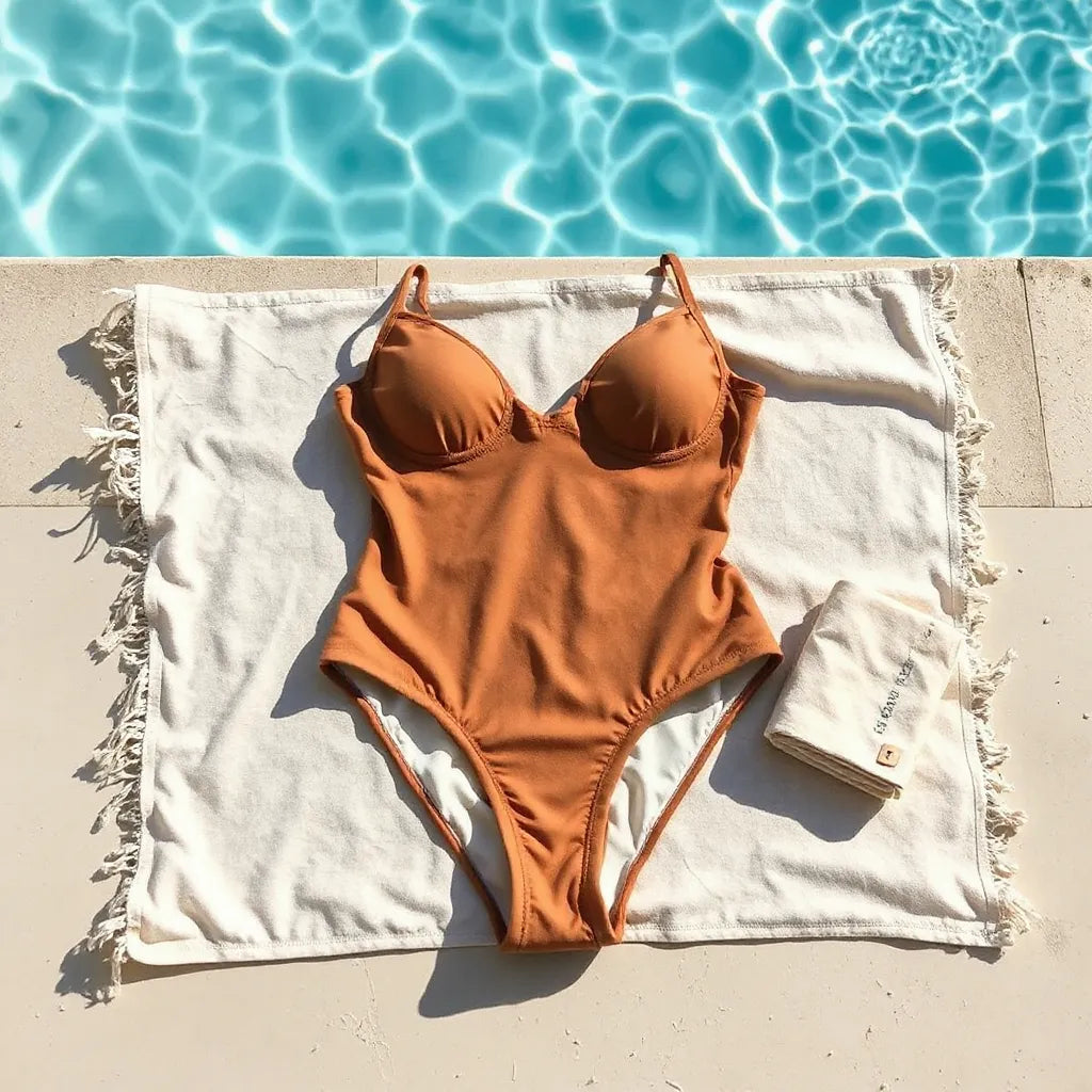 Umweltfreundlicher Periodenbikini auf einem Handtuch am Pool mit Stoffdetails und Pflege-Textil daneben