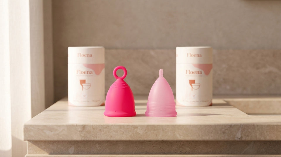 Floena ring-handle and stem menstrual cups compared side by side on a bathroom vanity