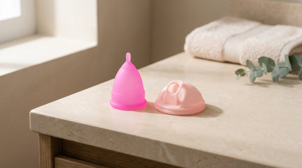 A pink Floena menstrual cup and menstrual disc compared side by side on a warm bathroom vanity
