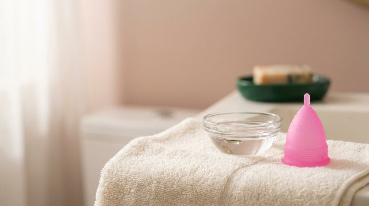 Pinke Floena Menstruationstasse trocknet nach dem Spülen auf einem sauberen Baumwolltuch