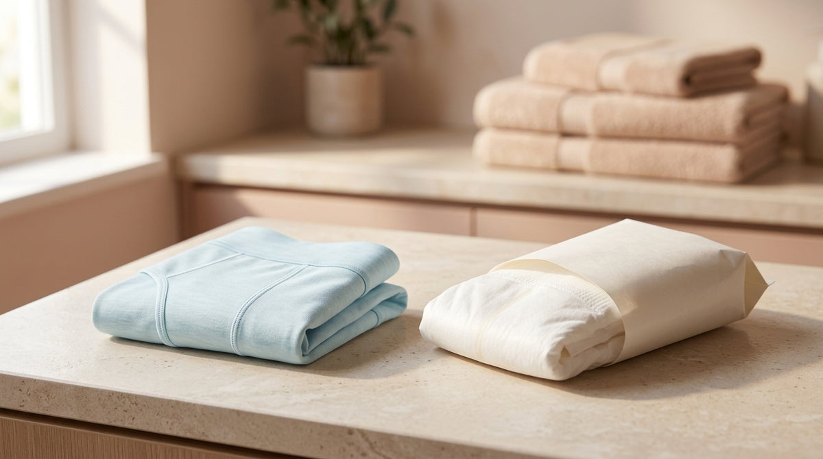 Reusable and disposable period underwear compared side by side