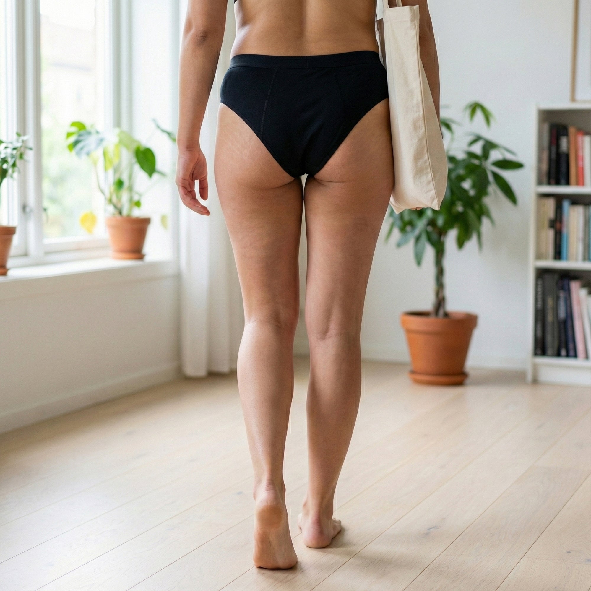 Zadnji pogled na model, ki nosi črn Leakproof Everyday Bamboo Bikini, samozavestno hodi po dobro osvetljenem prostoru z sproščenim, naravnim položajem. Model nosi torbo nevtralne barve, v ozadju pa so rastline in knjižna polica, kar prikazuje udobno, diskretno in zračno zaščitno možnost.