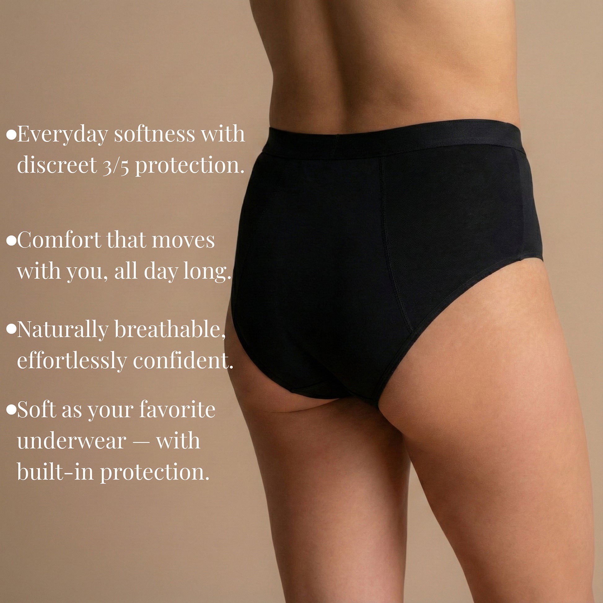 Back view of the model wearing Leakproof Soft Cotton Brief in black. The model is standing confidently with a soft and breathable fabric that offers discreet protection while maintaining comfort and confidence throughout the day.