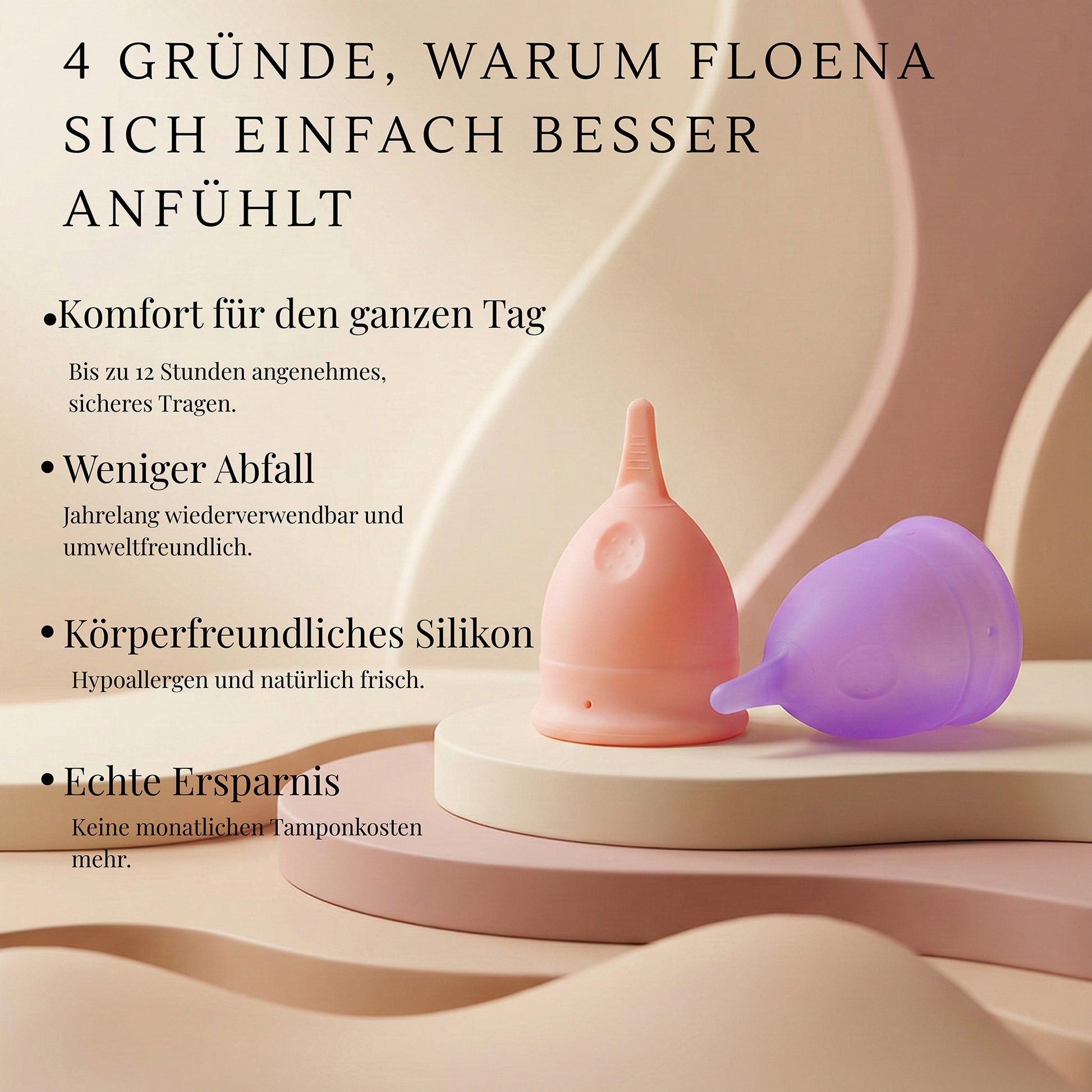 Floena Flexi Menstruationstassen in rosa und lila, die für bis zu 12 Stunden komfortables Tragen, weniger Abfall, hypoallergenes Silikon und echte Ersparnisse sorgen. Sie bieten eine umweltfreundliche und gesunde Option ohne monatliche Tamponkosten.