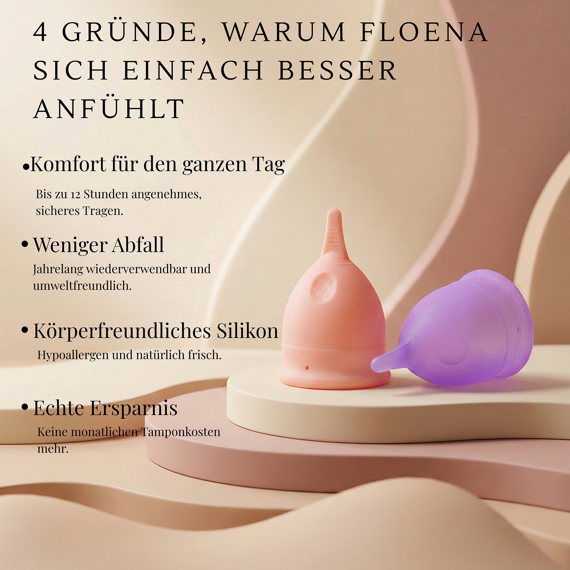 Floena Flexi Menstruationstassen in rosa und lila, die für bis zu 12 Stunden komfortables Tragen, weniger Abfall, hypoallergenes Silikon und echte Ersparnisse sorgen. Sie bieten eine umweltfreundliche und gesunde Option ohne monatliche Tamponkosten.