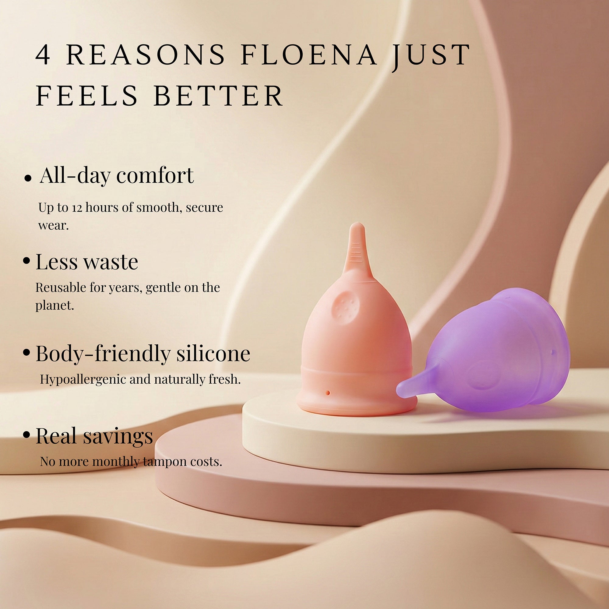 Floena Flexi Menstrual Cups in pink and purple, offering up to 12 hours of comfortable wear, less waste, hypoallergenic silicone, and real savings. They provide an eco-friendly and healthy option without monthly tampon costs.