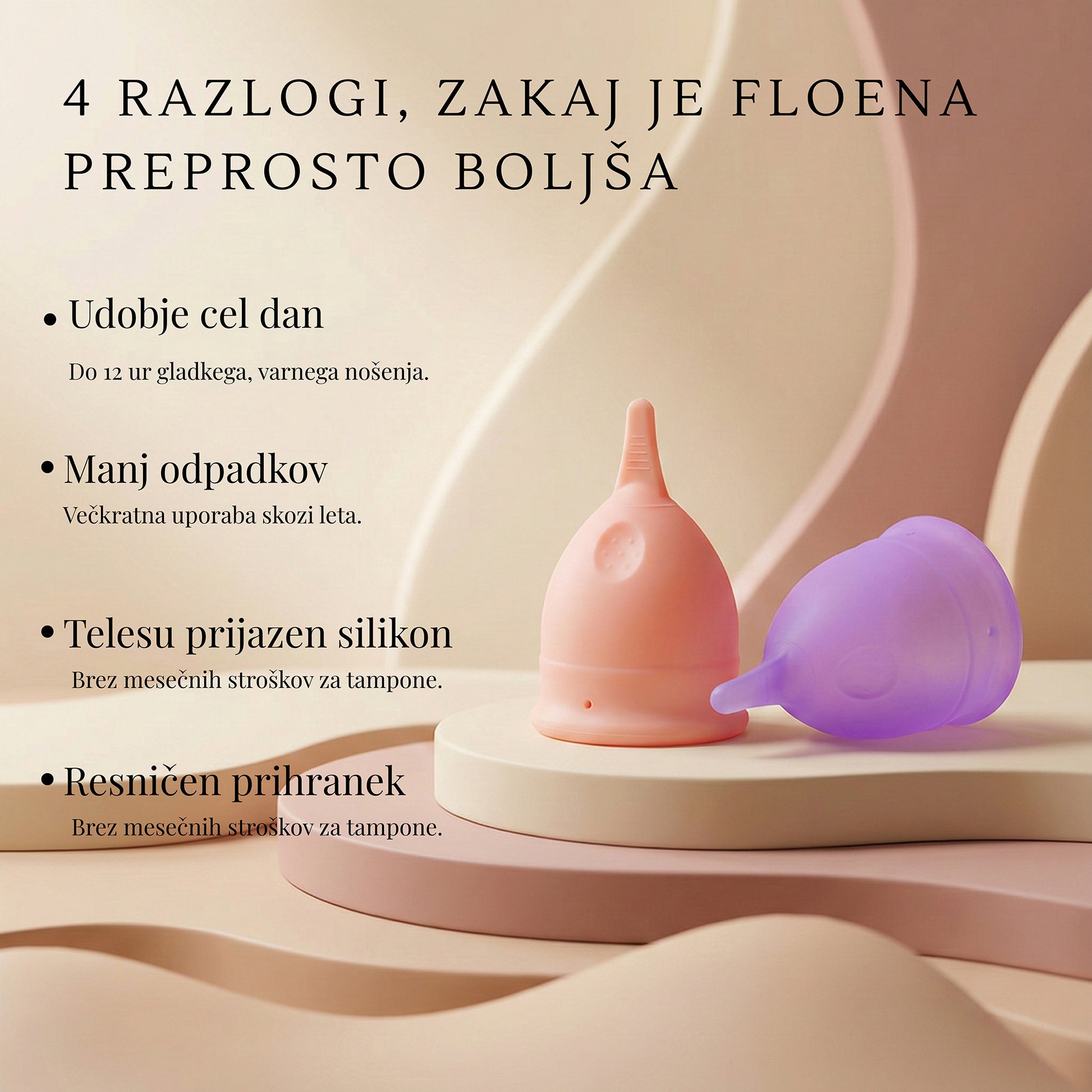 Floena Flexi menstrualne skodelice v roza in vijolični barvi, ki ponujajo do 12 ur udobnega nošenja, manj odpadkov, hipoalergenski silikon in prave prihranke. Nudijo ekološko in zdravo izbiro brez mesečnih stroškov za tampone.