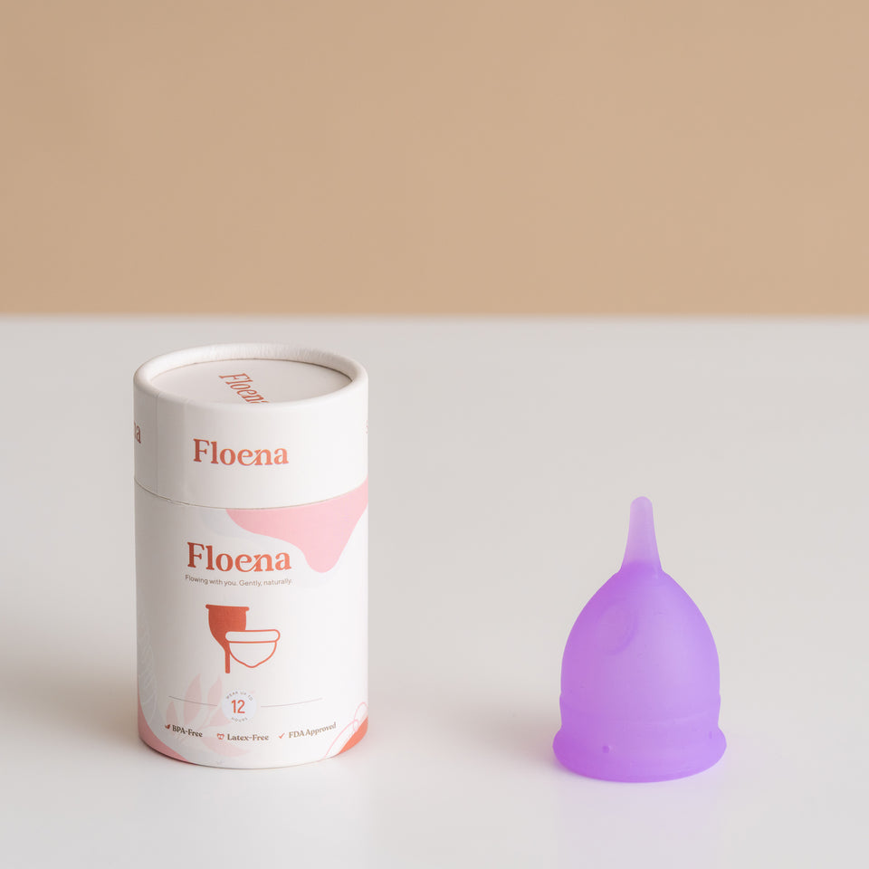 Floena Flexi Menstrual Cup — purple menstrual cup with a compact, flexible medical-grade silicone design, up to 12 hours of leakproof protection