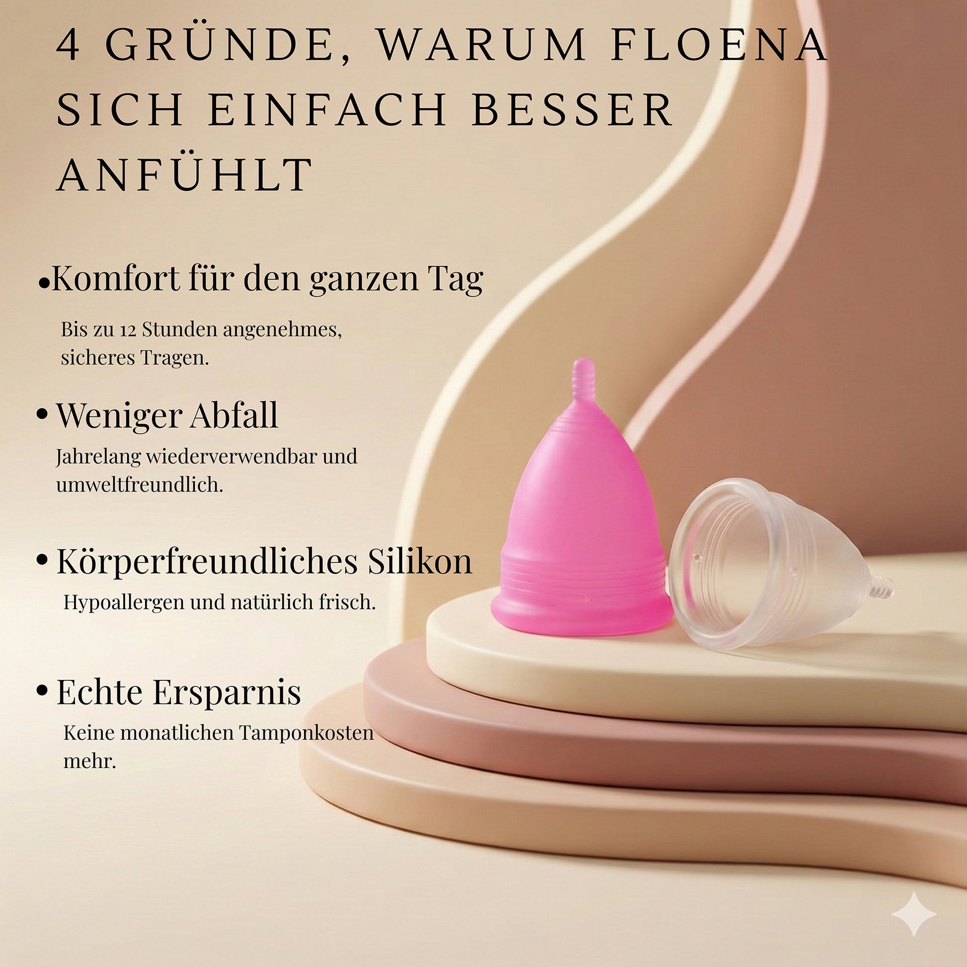 Floena Menstruationstasse in rosa und durchsichtig zeigt die Vorteile wie Komfort für den ganzen Tag, weniger Abfall, hypoallergenes Silikon und echte Ersparnisse durch die wiederverwendbare Verwendung.