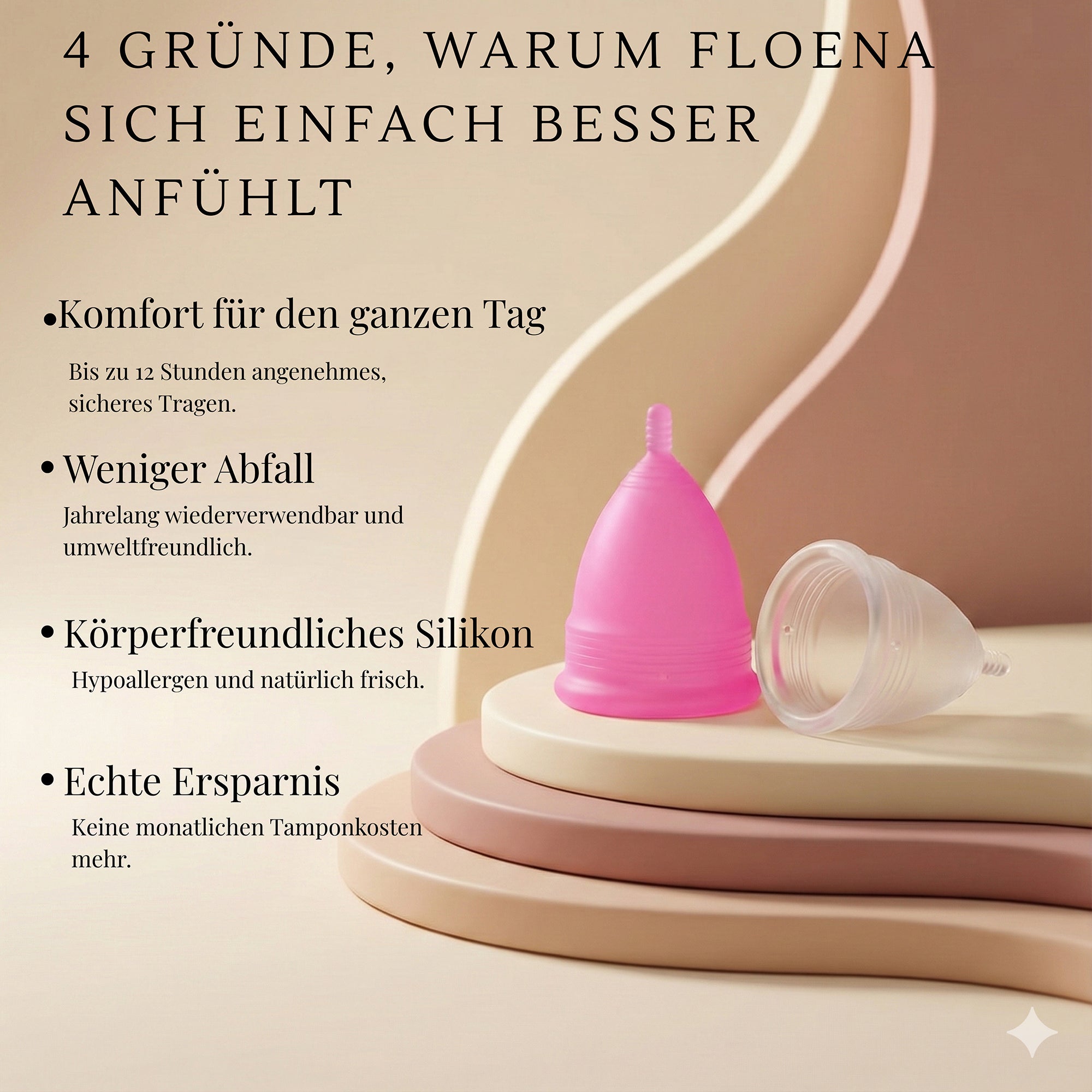 Floena Menstruationstasse in rosa und durchsichtig zeigt die Vorteile wie Komfort für den ganzen Tag, weniger Abfall, hypoallergenes Silikon und echte Ersparnisse durch die wiederverwendbare Verwendung.