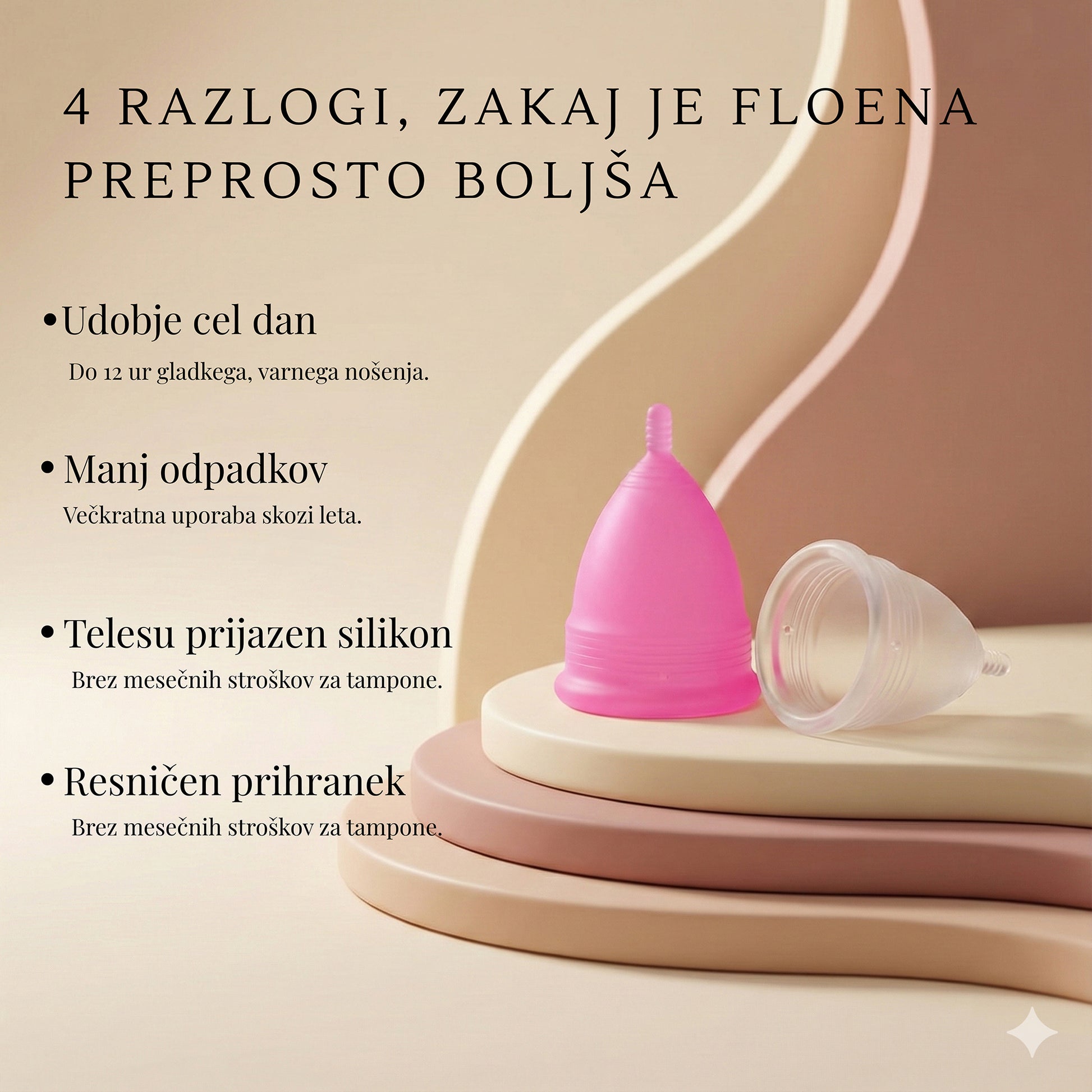 Floena Menstrual Cup v rdeči in prosojni barvi s funkcijami kot so udobje cel dan, manj odpadkov, telesu prijazen silikon, in resničen prihranek brez mesečnih stroškov za tampone.
