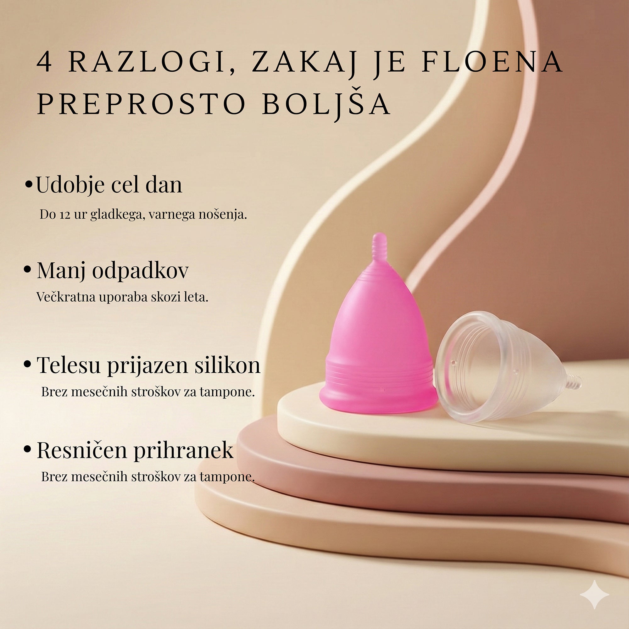 Floena Menstrual Cup v rdeči in prosojni barvi s funkcijami kot so udobje cel dan, manj odpadkov, telesu prijazen silikon, in resničen prihranek brez mesečnih stroškov za tampone.