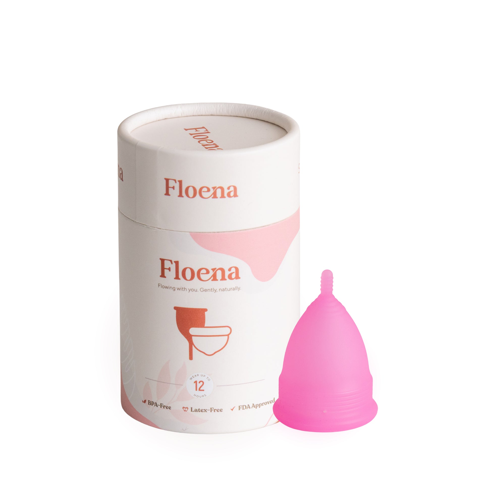 Der Floena Menstruationscup in Pink ist aus weichem, medizinischem Silikon gefertigt. Er bietet 12 Stunden auslaufsicheren Schutz für ganztägigen Komfort, inklusive Verpackung.