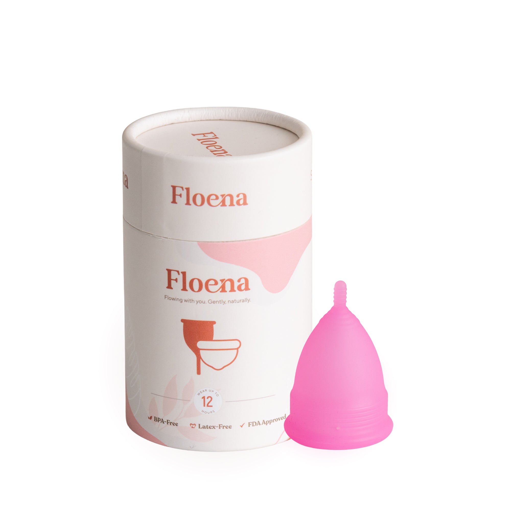 Floena Menstrual Cup in pink, made from soft medical-grade silicone. Provides 12 hours of leakproof protection for all-day comfort, with packaging included.