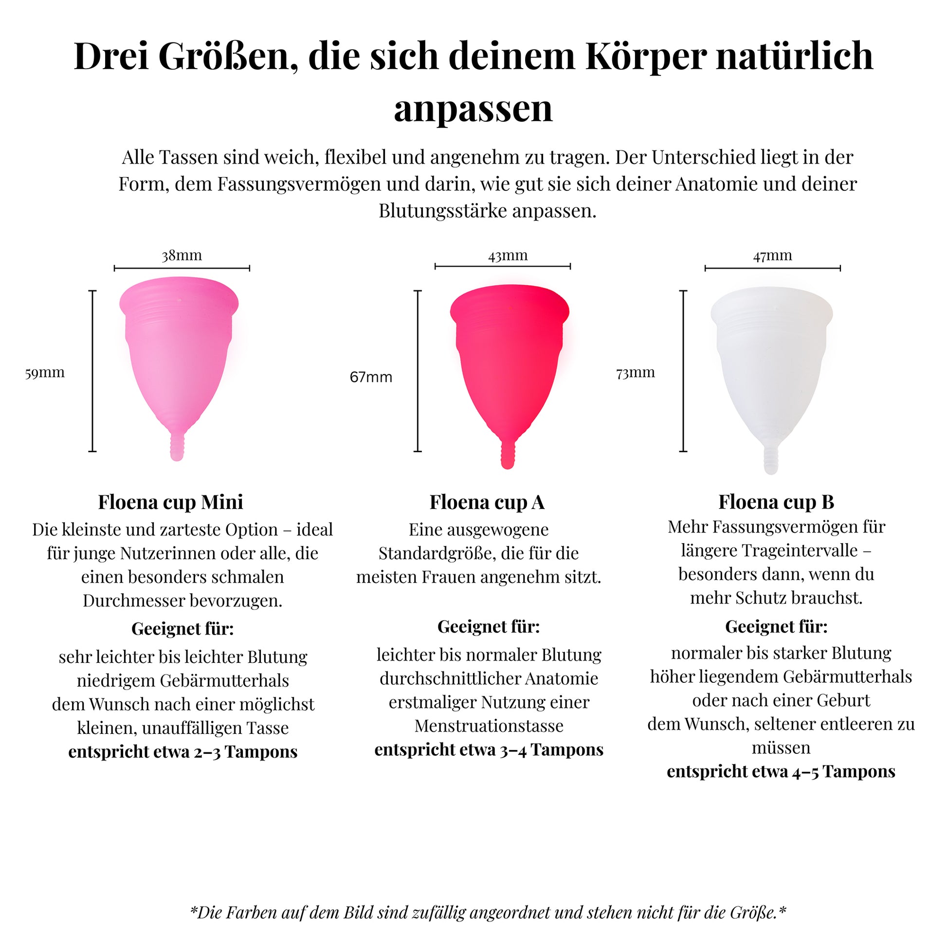 Floena Menstruationstassen in drei Größen: Mini, Cup A und Cup B. Jede Größe bietet eine perfekte Passform je nach Flussstärke, Gebärmutterhöhe und Komfortpräferenzen. Mini ist ideal für leichten Fluss und kleinere Nutzer, Cup A für eine ausgewogene Passform und Cup B für stärkeren Fluss und längeren Schutz.