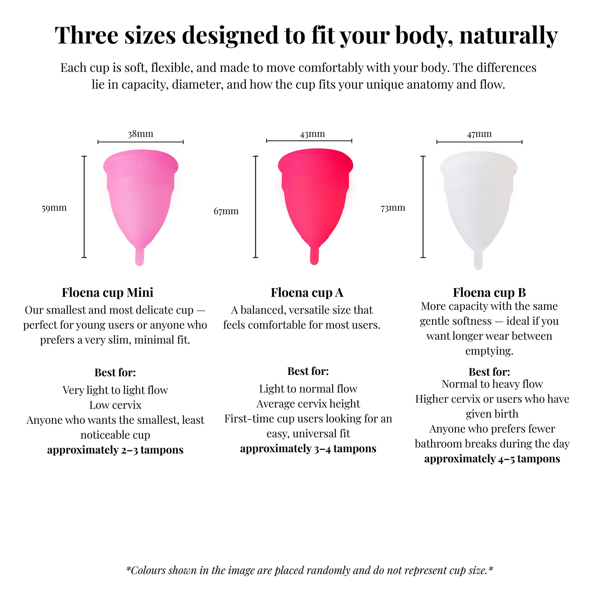 Floena Menstrual Cups in three sizes: Mini, Cup A, and Cup B. Each cup offers a unique fit based on flow, cervix height, and comfort preferences, with the Mini designed for lighter flow and smaller users, Cup A for a versatile fit, and Cup B for heavier flow with longer wear.