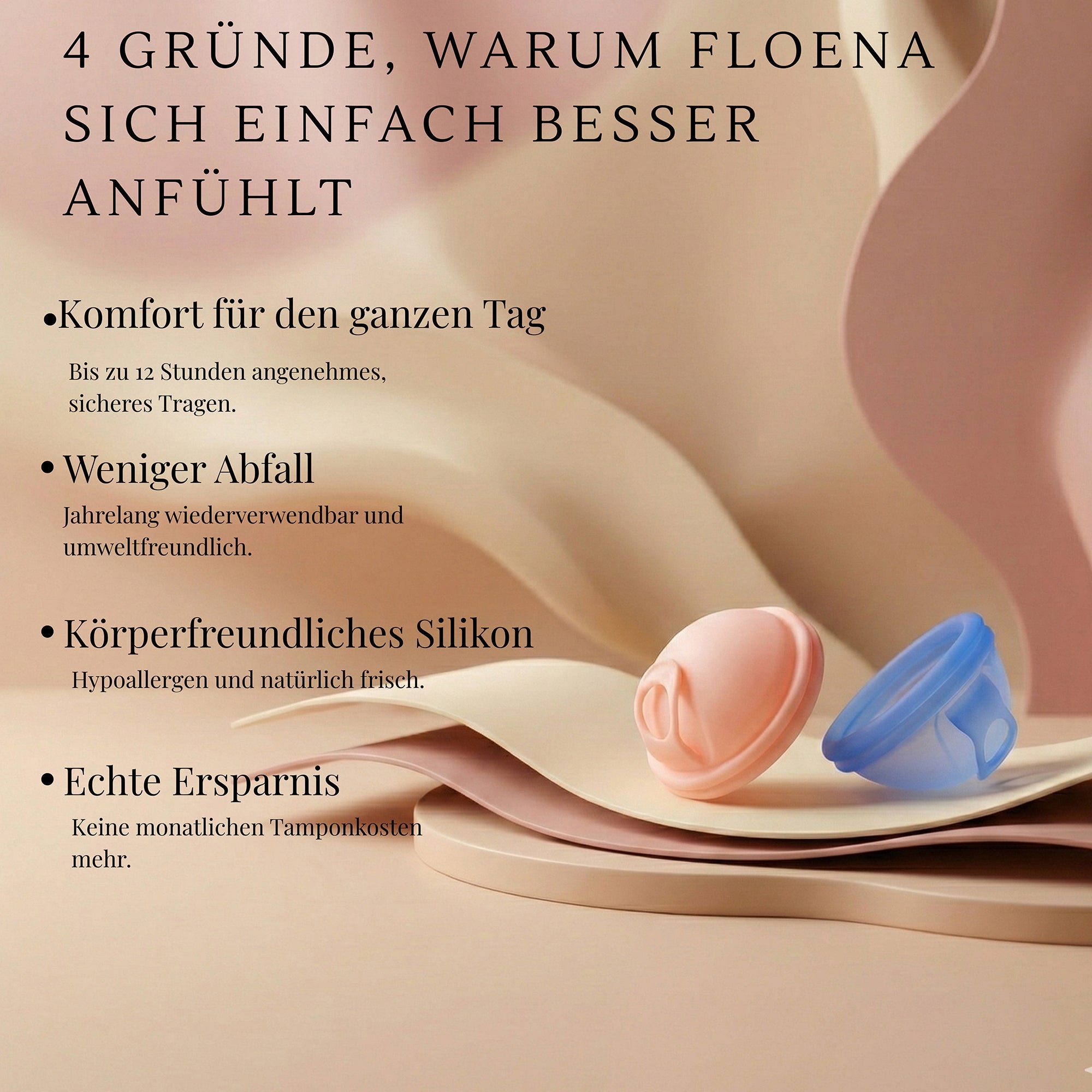 Floena Menstrual Disc in rosa und blauer Farbe, aus hautfreundlichem, hypoallergenem Silikon. Bietet bis zu 12 Stunden sicheren Tragekomfort, ist wiederverwendbar und umweltfreundlich, ideal für den ganzen Tag.