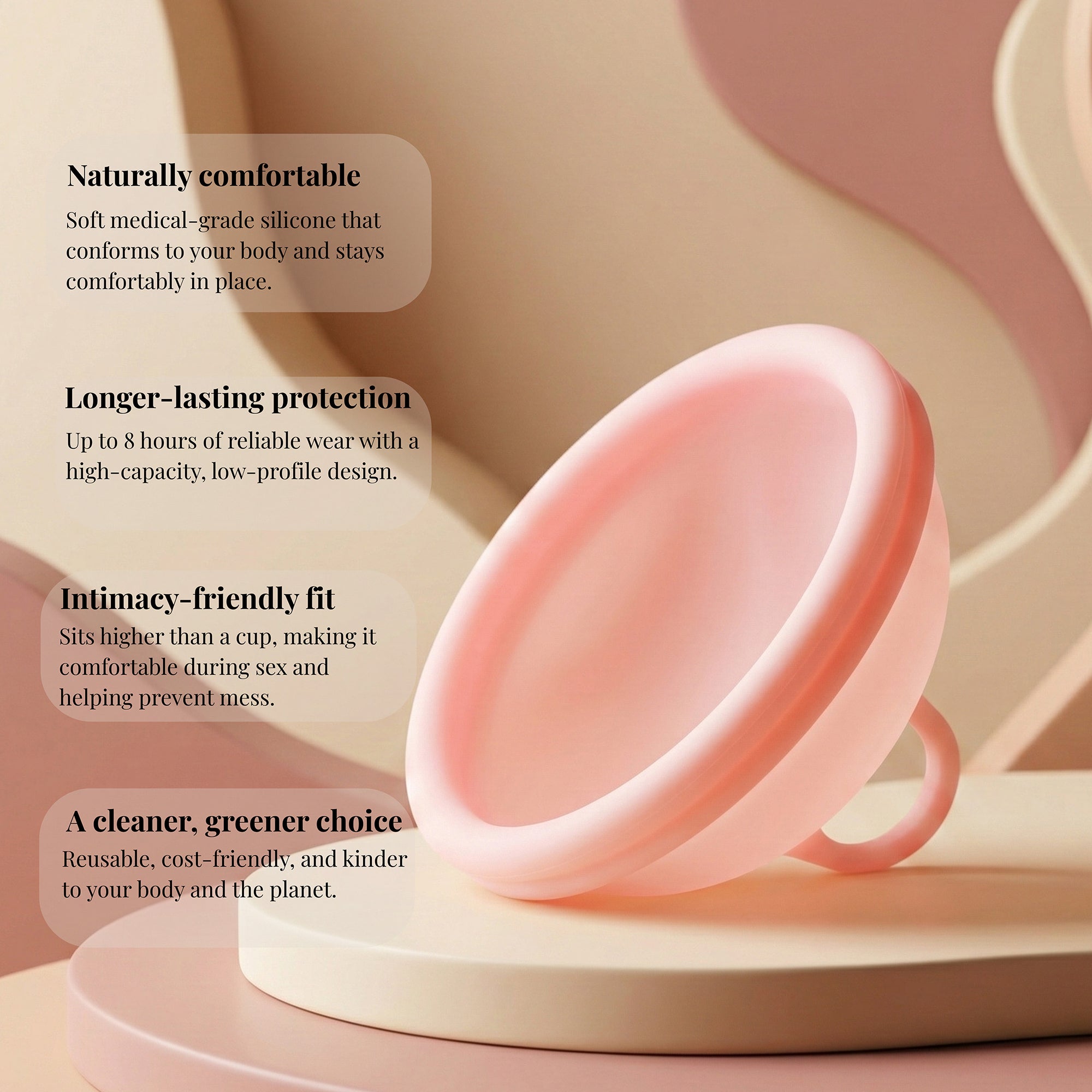 Floena Menstrual Disc in soft medical-grade silicone. Features: naturally comfortable, long-lasting protection for up to 8 hours, intimacy-friendly fit, and eco-friendly design for a cleaner, greener choice.