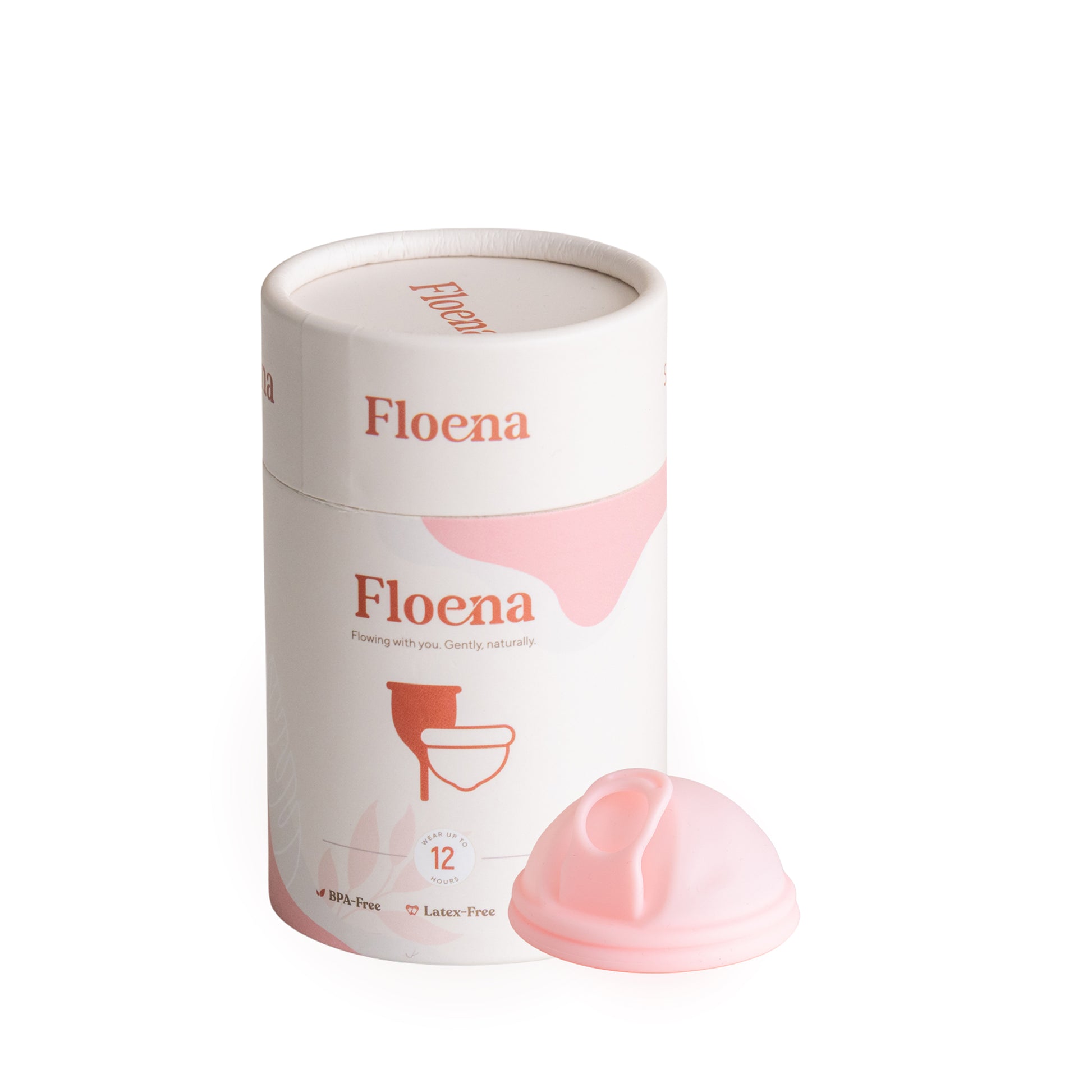 Floena Menstrual Disc with its packaging and pink silicone disc, designed for leakproof freedom up to 12 hours.