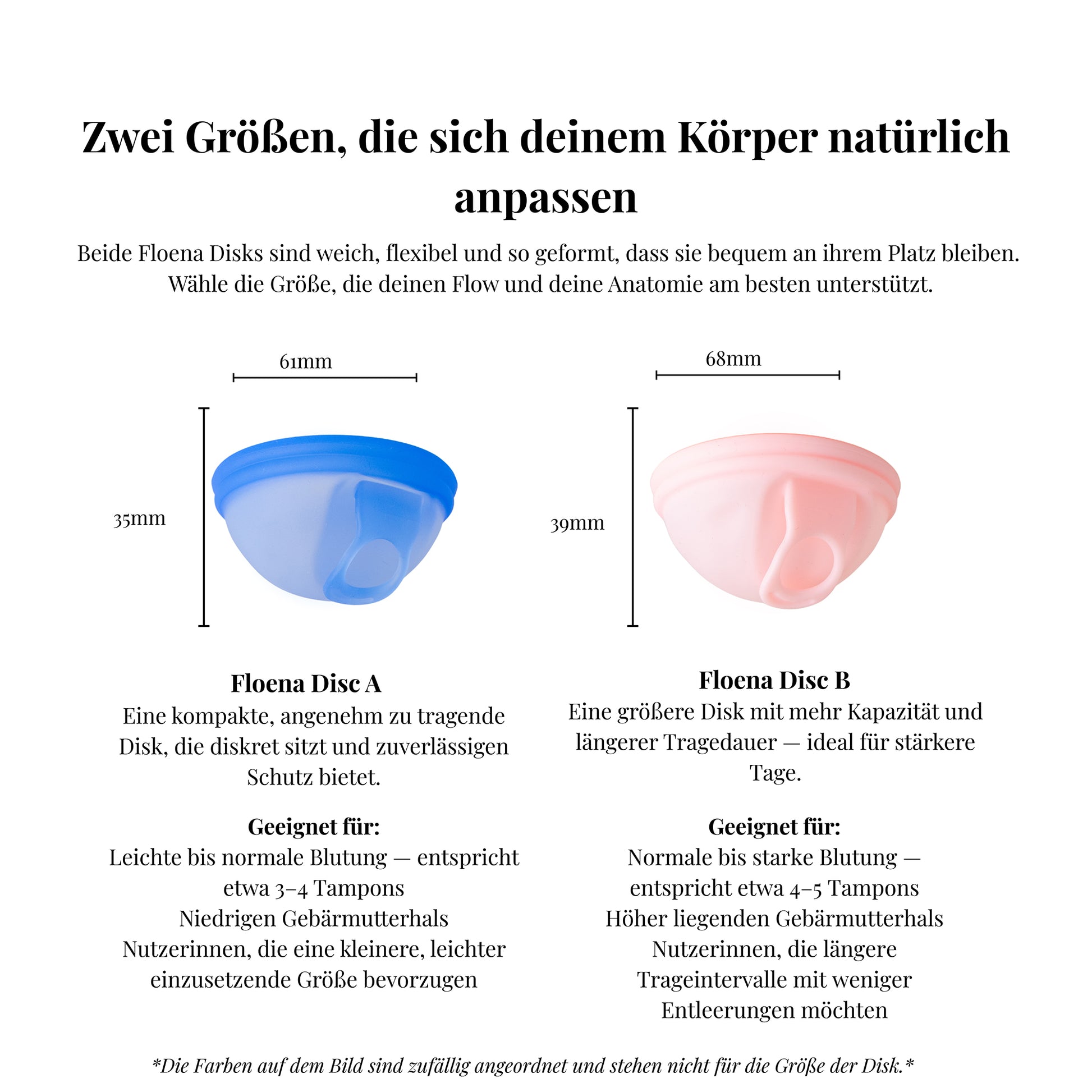 Zwei Floena Menstruationsdisks: Disk A (blau) für leichte bis normale Blutung, Breite 61 mm, Tiefe 35 mm, und Disk B (rosa) für normale bis starke Blutung, Breite 68 mm, Tiefe 39 mm. Beide Disks bieten zuverlässigen Schutz und passen sich dem Körper natürlich an.
