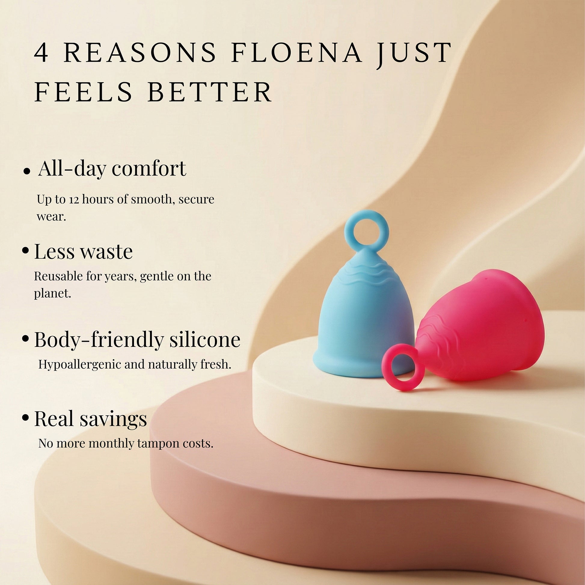 Two Floena menstrual cups, one pink and one blue, displayed on a soft, multi-colored curved background. The cups represent comfort, sustainability, and savings, with the following key benefits highlighted in the image: All-day comfort, less waste, body-friendly silicone, and real savings by eliminating the need for monthly tampon costs.