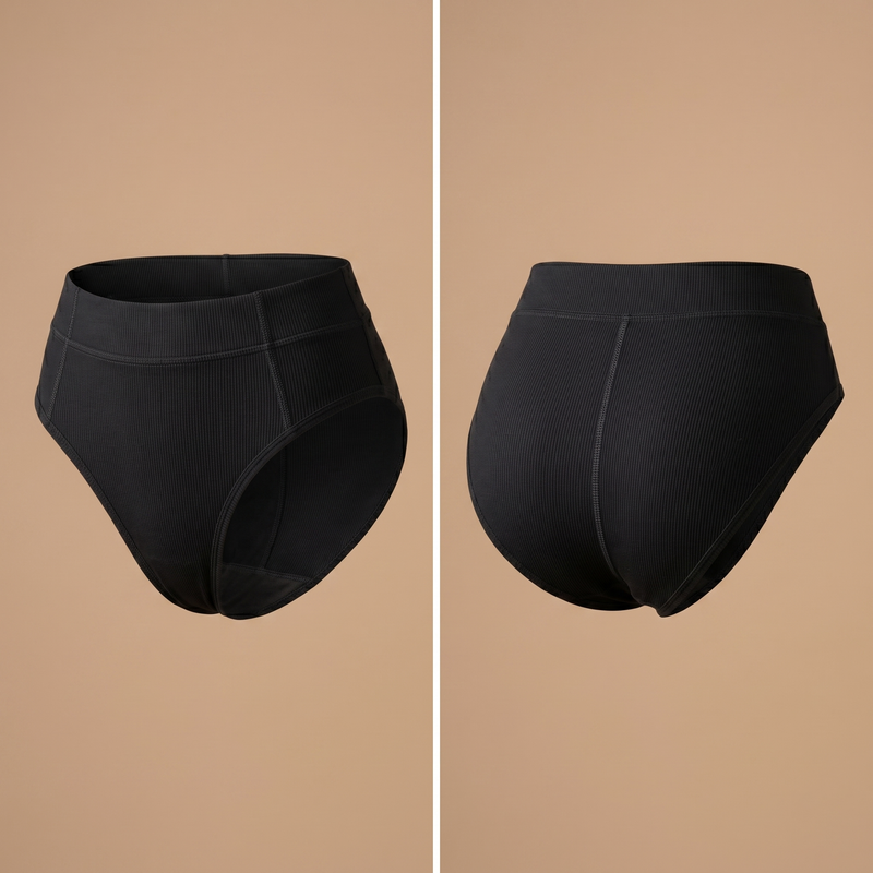Floena Leakproof Ribbed High Waist Brief — black ribbed high-waisted period underwear