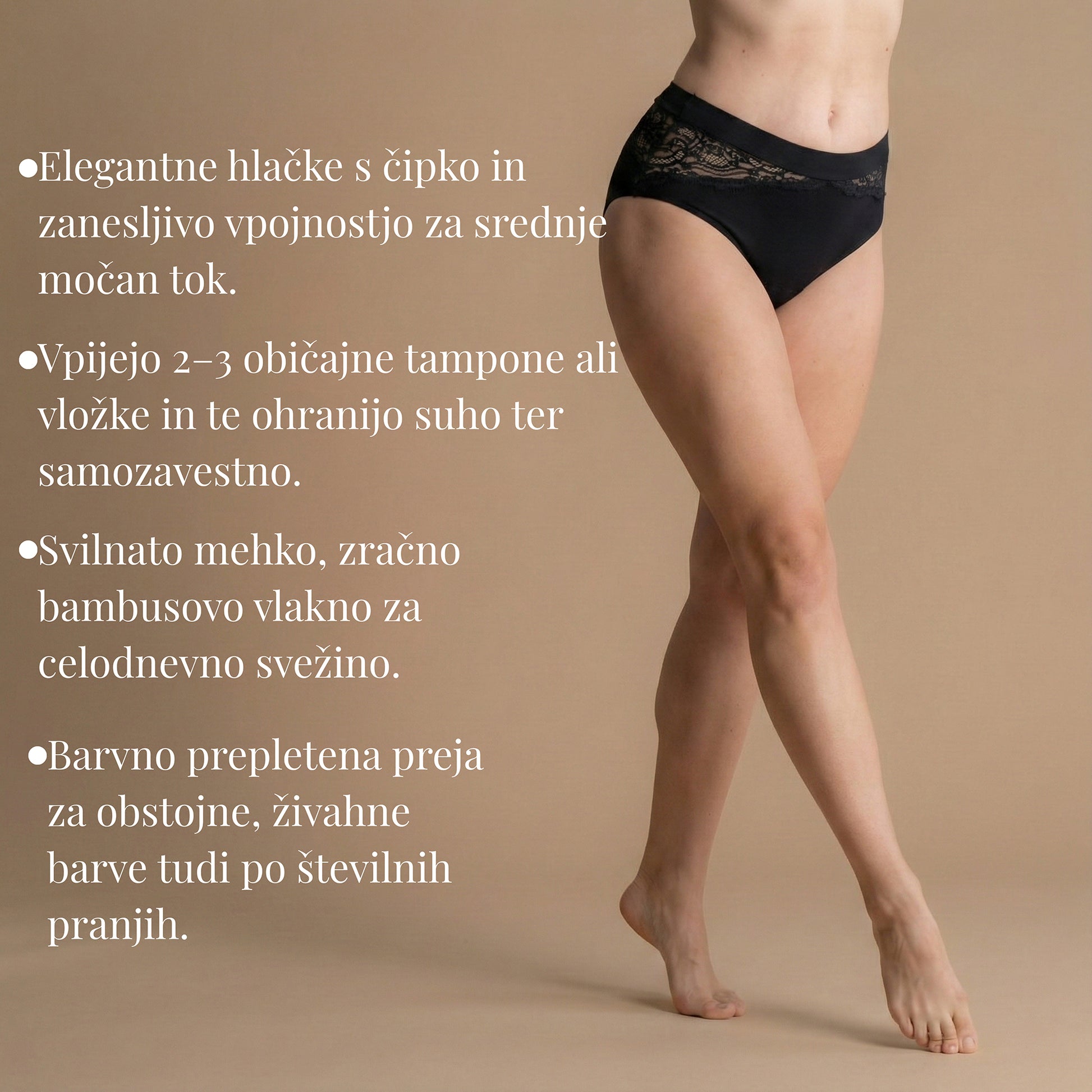 Leakproof Bamboo Lace Brief in black – Stranski pogled, ki prikazuje eleganten čipkast detajl z zanesljivo vpojnostjo za srednji tok. Vpije 2–3 običajne tampone ali vložke in ohrani suhost ter samozavest.
