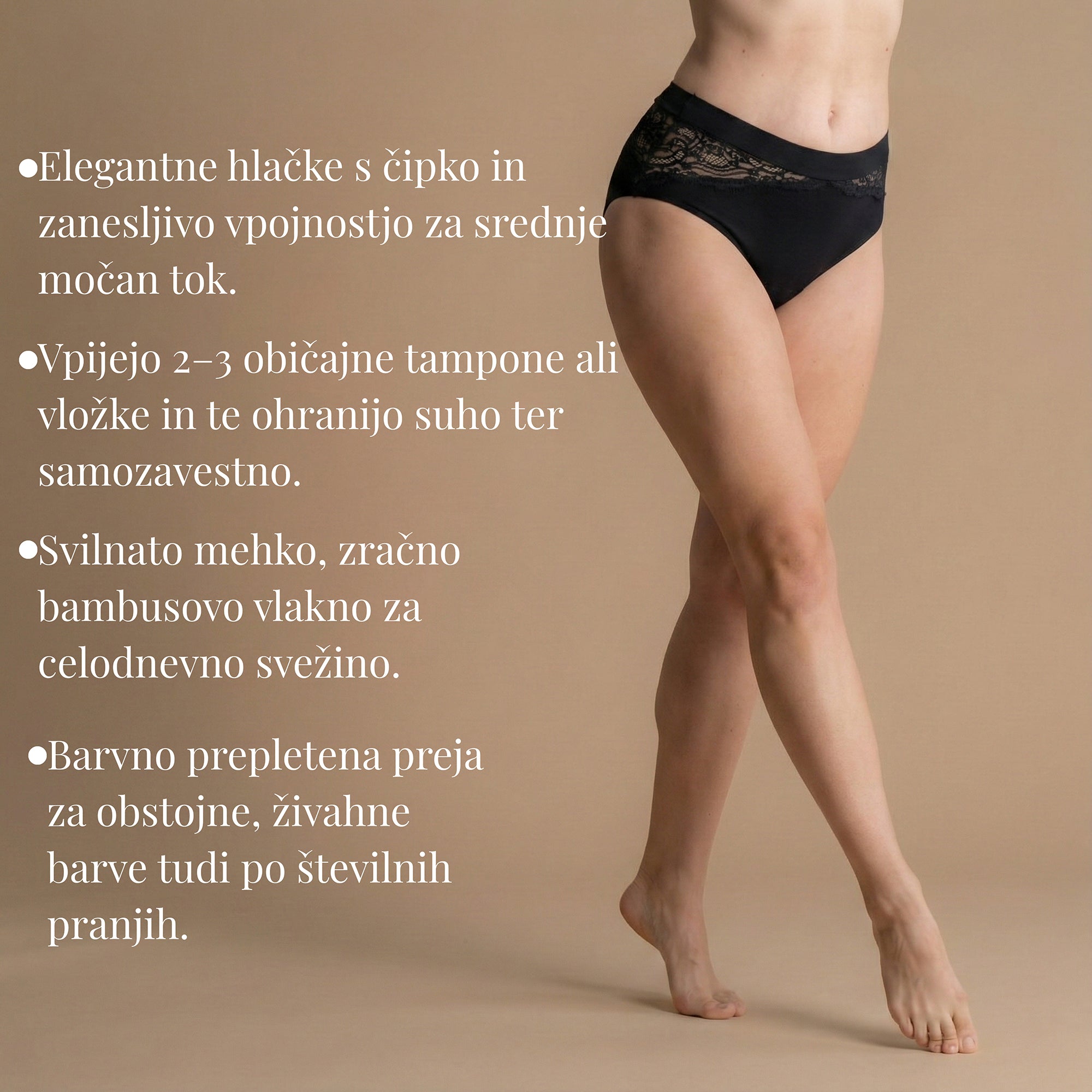 Leakproof Bamboo Lace Brief in black – Stranski pogled, ki prikazuje eleganten čipkast detajl z zanesljivo vpojnostjo za srednji tok. Vpije 2–3 običajne tampone ali vložke in ohrani suhost ter samozavest.