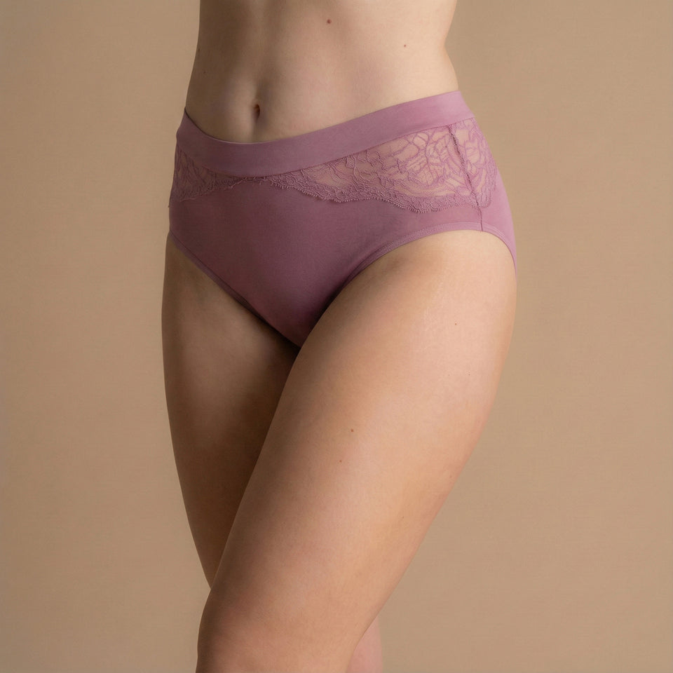 Front lace detail of the mauve Floena Leakproof Bamboo Lace Brief lace period underwear