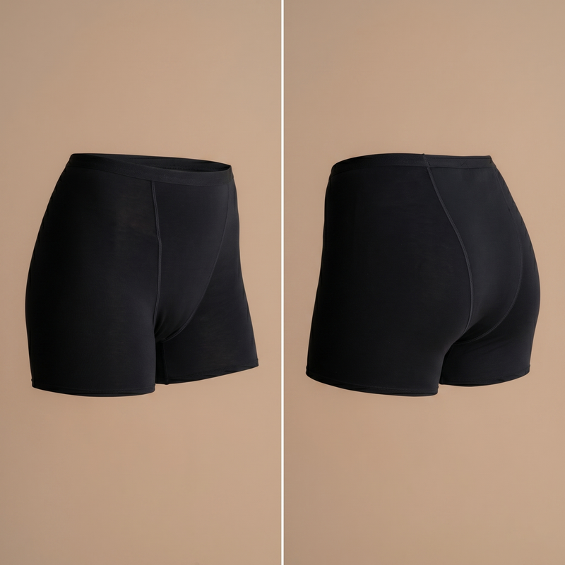 Floena Leakproof Bamboo Sleep Short — black overnight period sleep shorts, front and back view