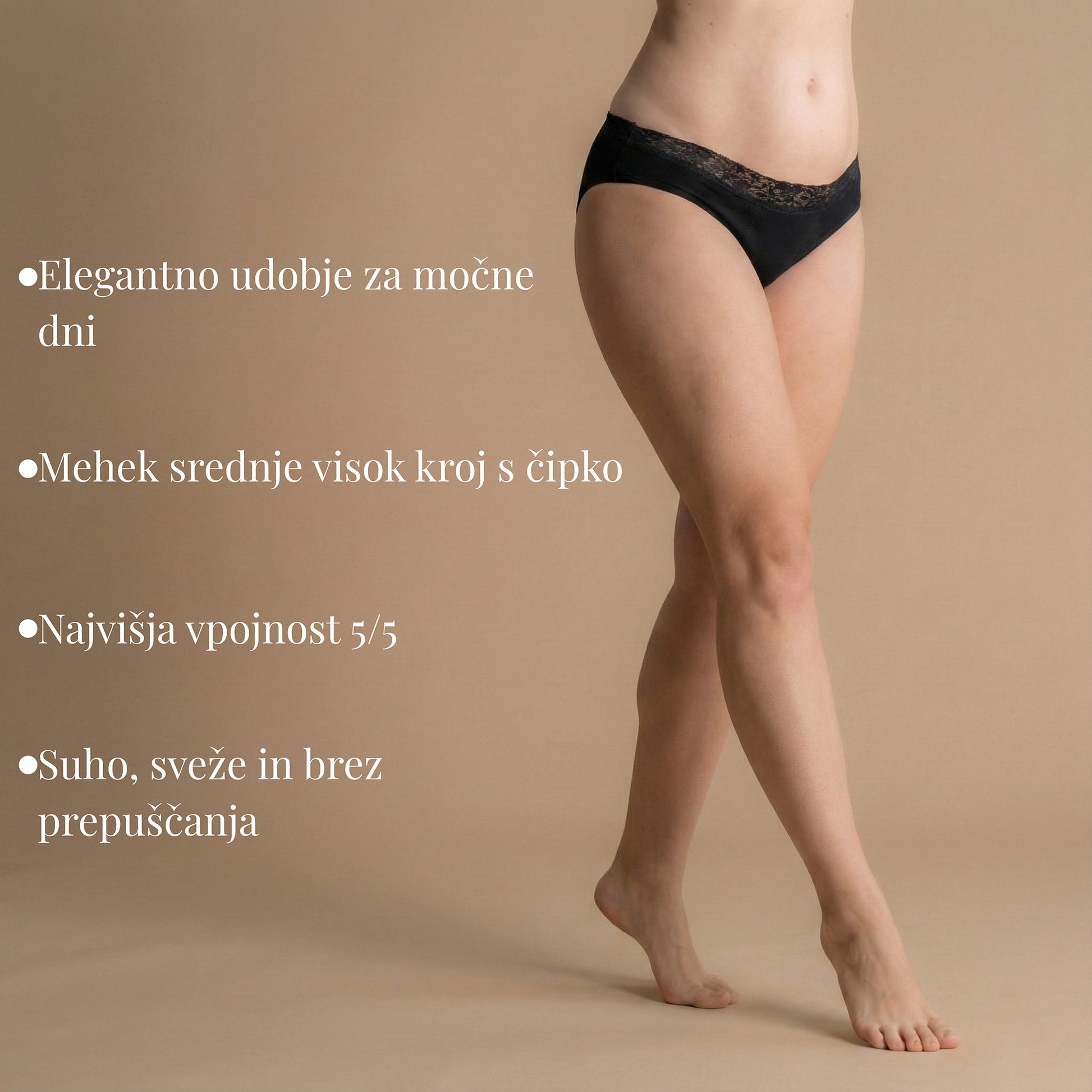 Leakproof Comfort Brief menstrualne hlačke na manekenki z besedilom: elegantno udobje za močne dni, mehek srednje visok kroj s čipko, najvišja vpojnost 5/5, suho, sveže in brez prepuščanja