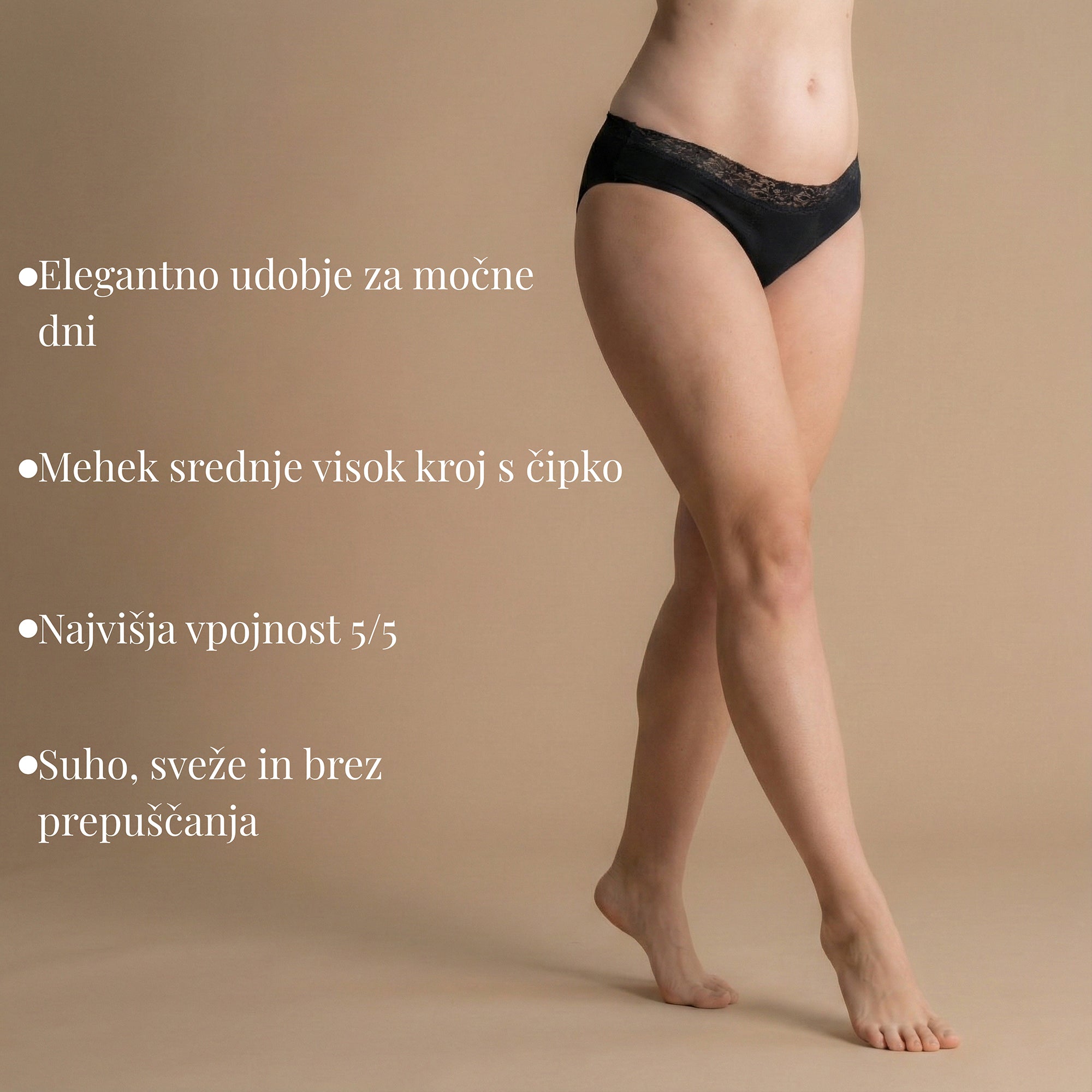 Leakproof Comfort Brief menstrualne hlačke na manekenki z besedilom: elegantno udobje za močne dni, mehek srednje visok kroj s čipko, najvišja vpojnost 5/5, suho, sveže in brez prepuščanja