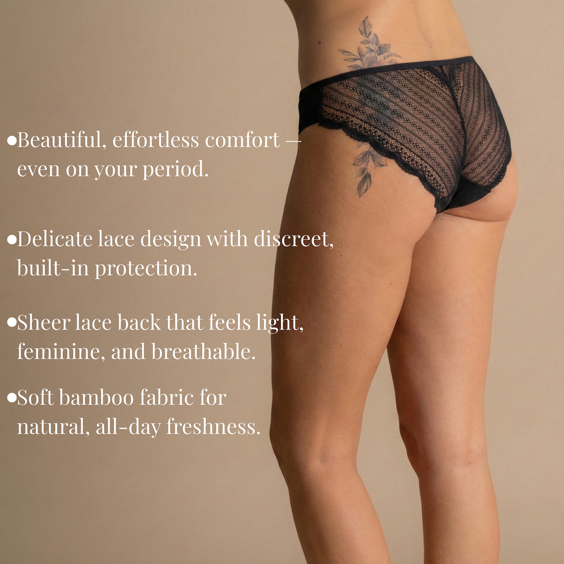 Half-body back view of the Leakproof Lace Bikini in black, showing sheer lace back design and bamboo comfort features