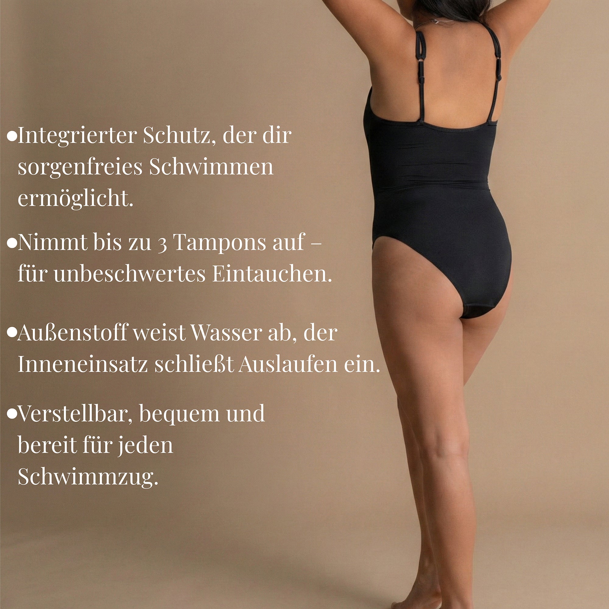 Das Bild zeigt einen schwarzen Leakproof Period One-Piece Swimsuit, getragen von einem Modell. Der integrierte Schutz ermöglicht sorgenfreies Schwimmen. Die Außenschicht wehrt Wasser ab, während der innere Einsatz das Austreten von Flüssigkeit verhindert. Der Swimwear ist verstellbar und bietet Komfort, sodass du dich beim Schwimmen sicher und frei fühlst.
