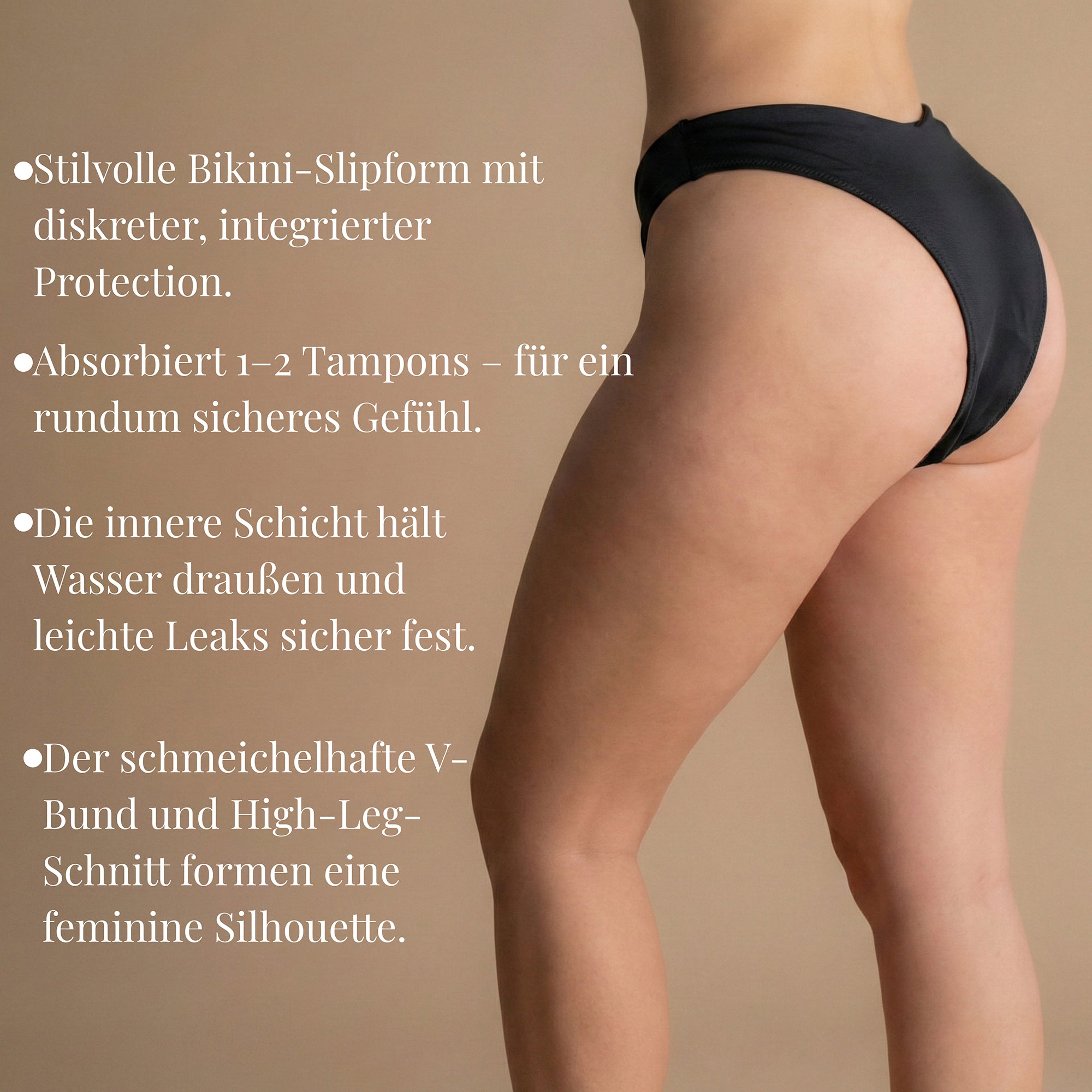 Rückansicht des Leakproof Period Swim Bikini Bottoms in Schwarz, das einen komfortablen Sitz und diskrete, integrierte Schutzfunktionen bietet. Das hohe Bein-Design und der schmeichelhafte V-Bund sorgen für eine elegante, feminine Silhouette und bieten bis zu 1-2 Tamponmengen an Saugfähigkeit sowie eine wasserabweisende innere Schicht, die leichte Lecks sicher festhält.