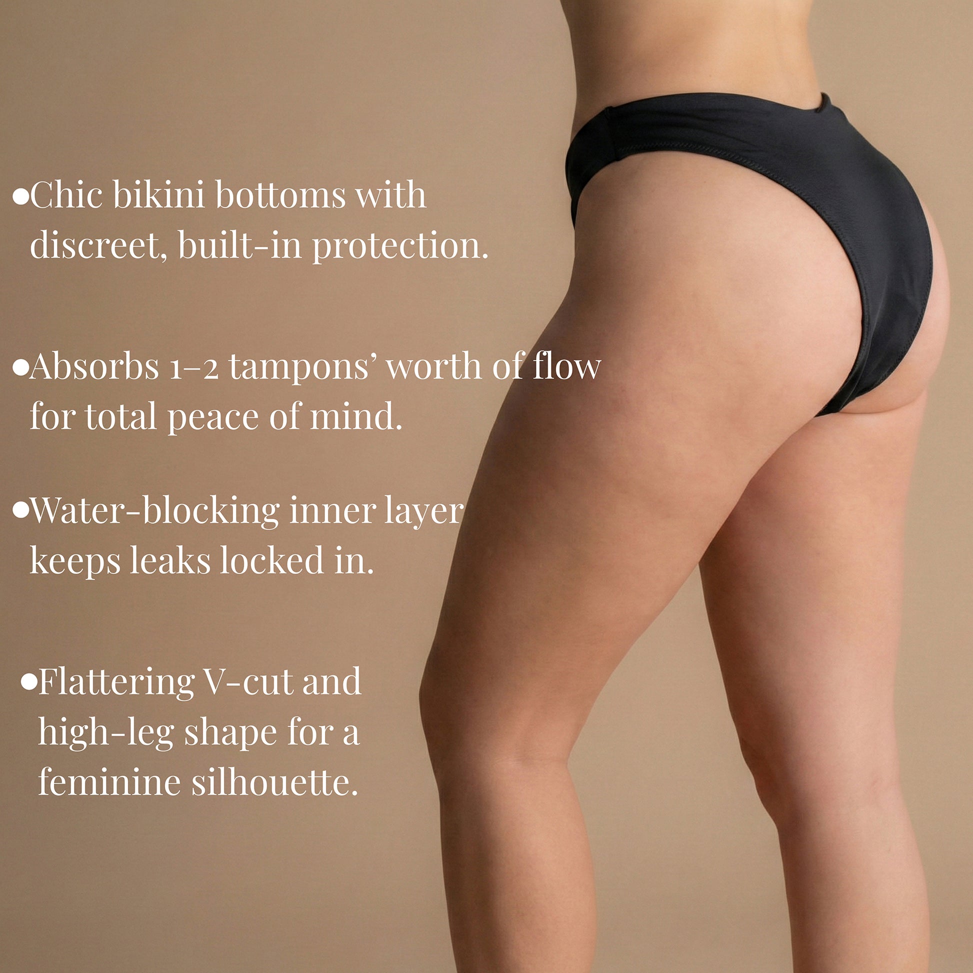 Back side view of the Leakproof Period Swim Bikini Bottom in black, highlighting its comfortable fit and discreet, built-in protection. The high-cut design and flattering waistband provide a sleek, feminine silhouette while offering up to 1-2 tampons' worth of flow absorption and water-blocking inner layers to prevent leaks.