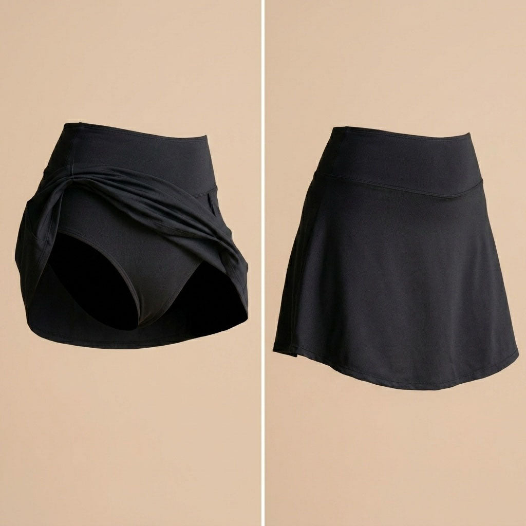 Floena Leakproof Period Swim Skirt — black period swim skirt with built-in protection