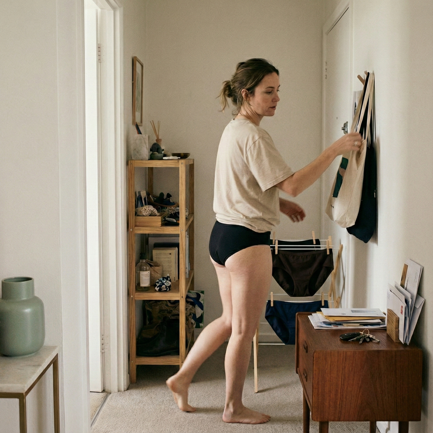 Woman wearing leakproof period underwear at home, hanging reusable underwear to dry in a minimal, natural interior setting, showing everyday comfort and reliable period protection