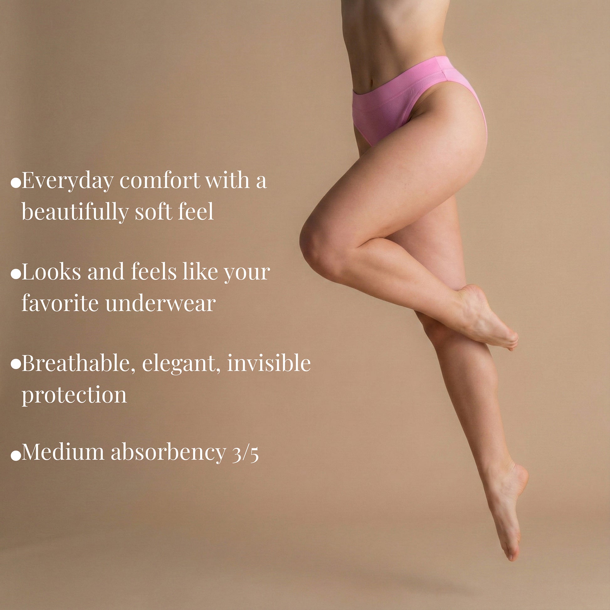 Model wearing pink Leakproof Ribbed High Waist Brief, side view, with text highlighting everyday comfort, invisible protection and medium absorbency