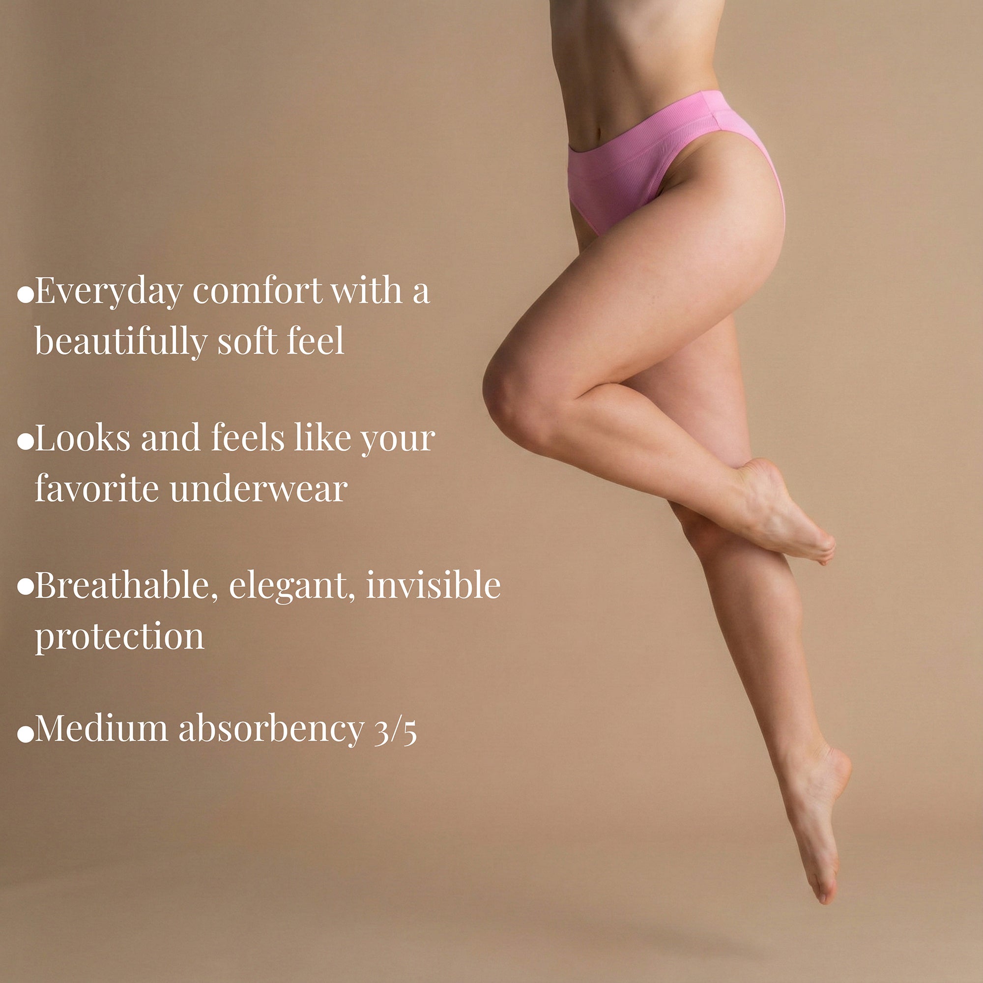 Model wearing pink Leakproof Ribbed High Waist Brief, side view, with text highlighting everyday comfort, invisible protection and medium absorbency