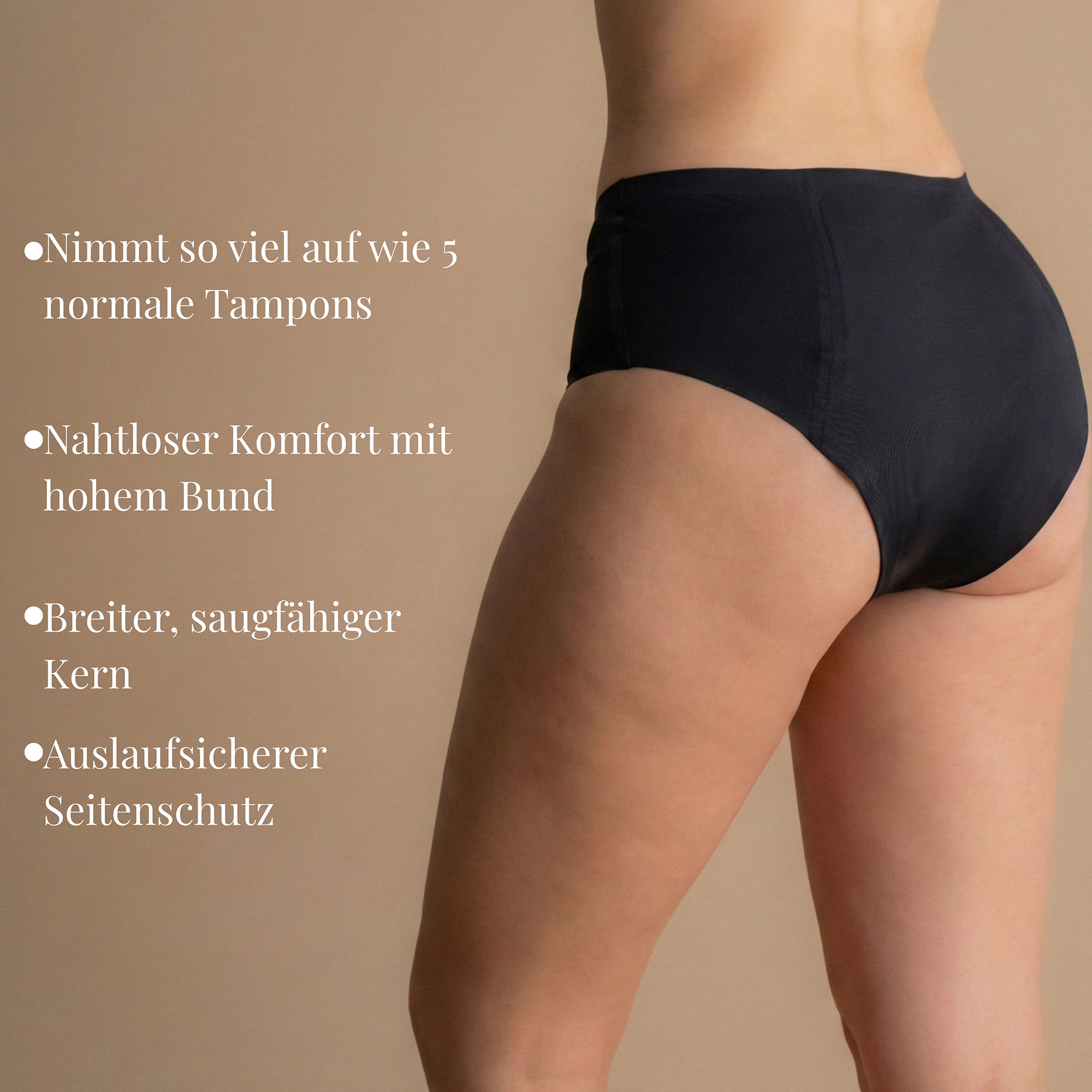 Leakproof Seamless High Waist Brief - Rückansicht – Das Modell wird von hinten gezeigt, trägt die schwarze Leakproof Seamless High Waist Brief in Größe M. Das Modell ist 167 cm groß, mit einem Hüftumfang von 70 cm. Der Slip bietet ein nahtloses, hoch tailliertes Design für maximalen Komfort und Schutz.