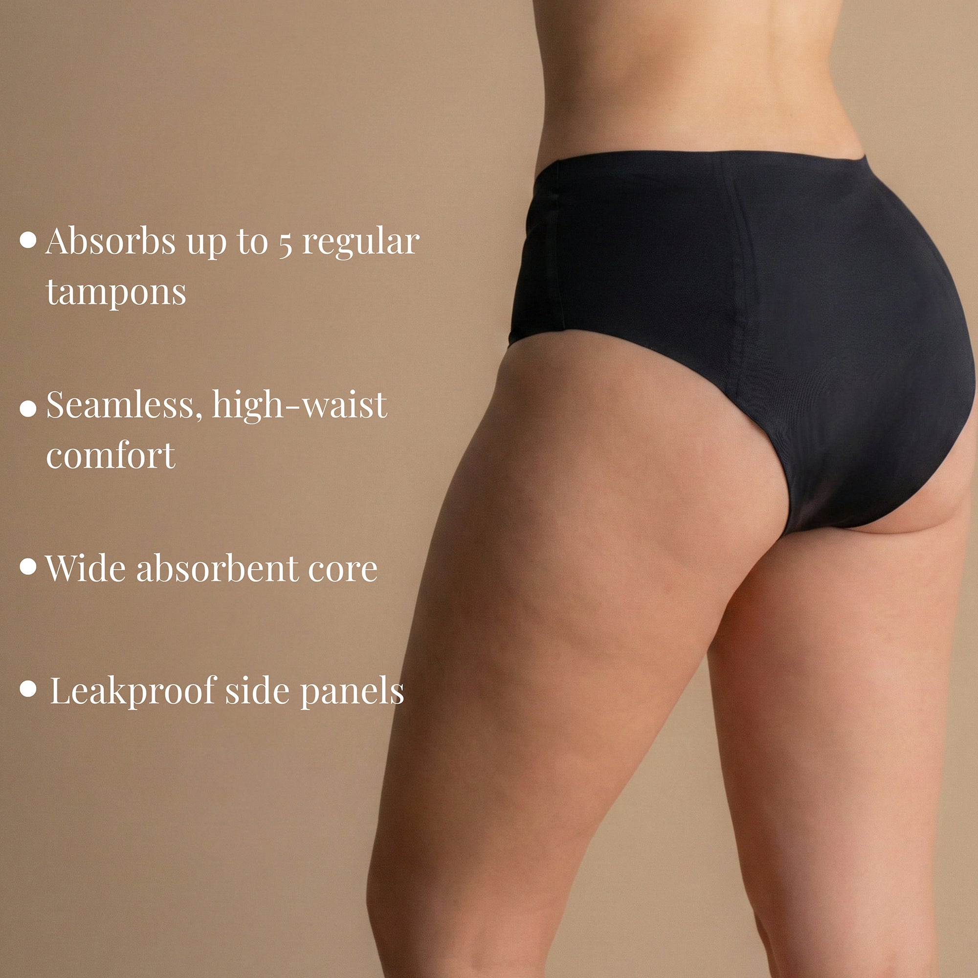 Leakproof Seamless High Waist Brief - Back View – The image shows a model wearing a black high-waisted seamless brief with a wide absorbent core and leakproof side panels. The model is 167 cm tall with 70 cm hips, and the brief absorbs up to 5 regular tampons.