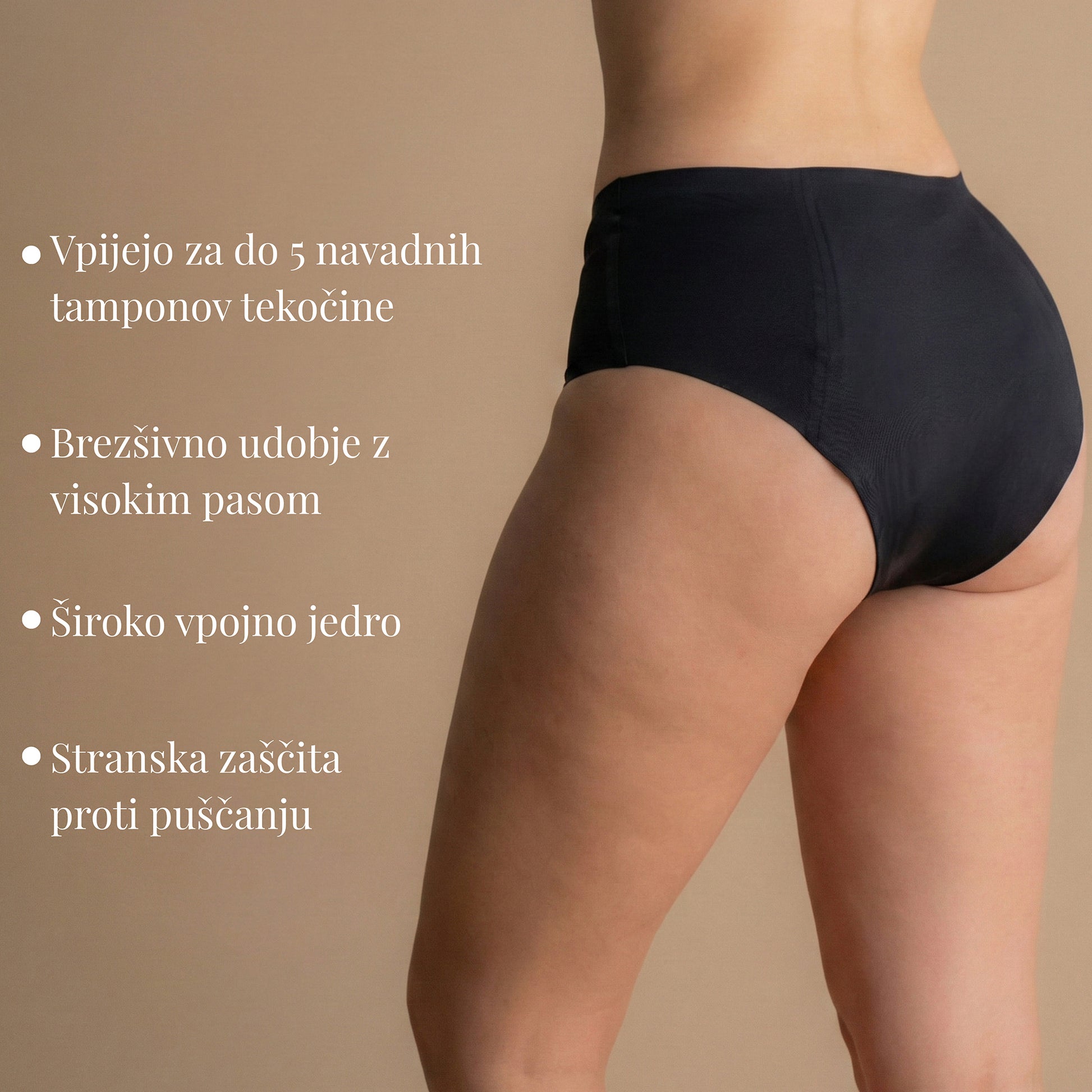 Leakproof Seamless High Waist Brief - Zadnji pogled – Na sliki je model, ki nosi črn visokorasli brezšivni ženski spodnji del s širokim pasom in zaščito pred puščanjem. Model je visok 167 cm in ima bok 70 cm. Spodnji del absorbira do 5 tamponov tekočine in ponuja udobje čez dan in ponoči.