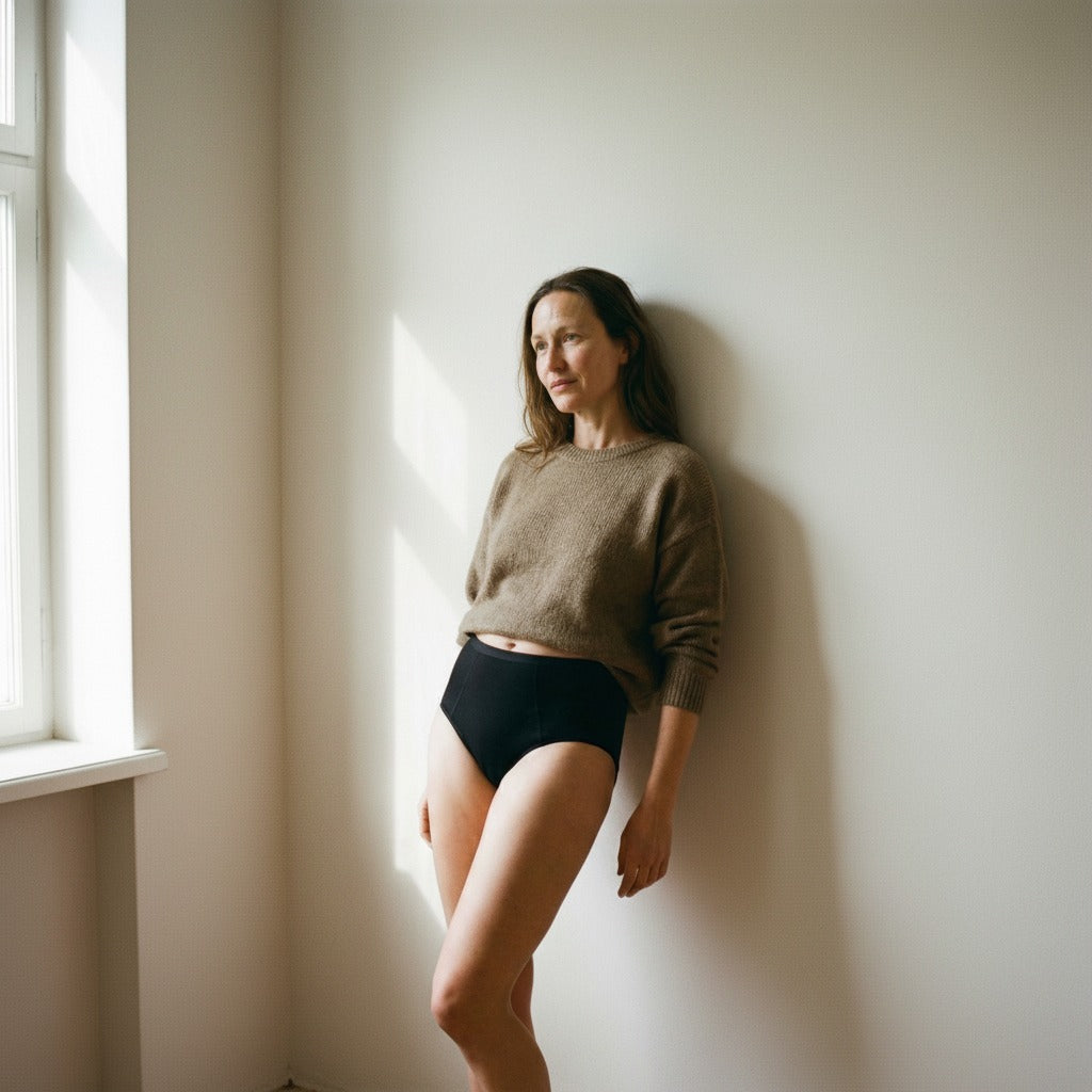 Frau in schwarzem Leakproof Seamless High Waist Brief und weichem Pullover, steht bei natürlichem Licht am Fenster und strahlt ruhiges Selbstbewusstsein sowie alltäglichen Komfort in einem minimalistischen Innenraum aus.