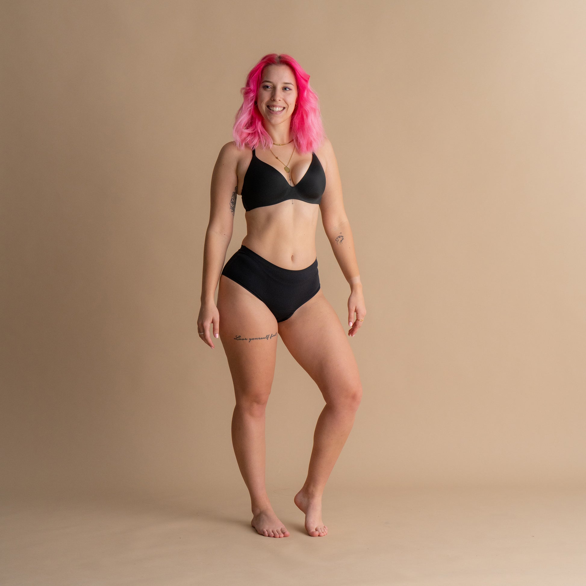 Full body Front view of the Leakproof Seamless High Waist Brief, showcasing its comfortable, seamless fit and flattering high-waist cut.