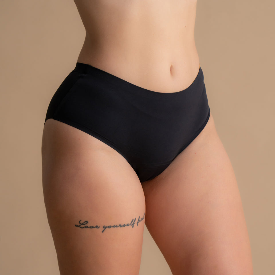 Close-up of the black Floena Leakproof Seamless High Waist Brief seamless high-waisted period underwear, showing the smooth fabric and high waist