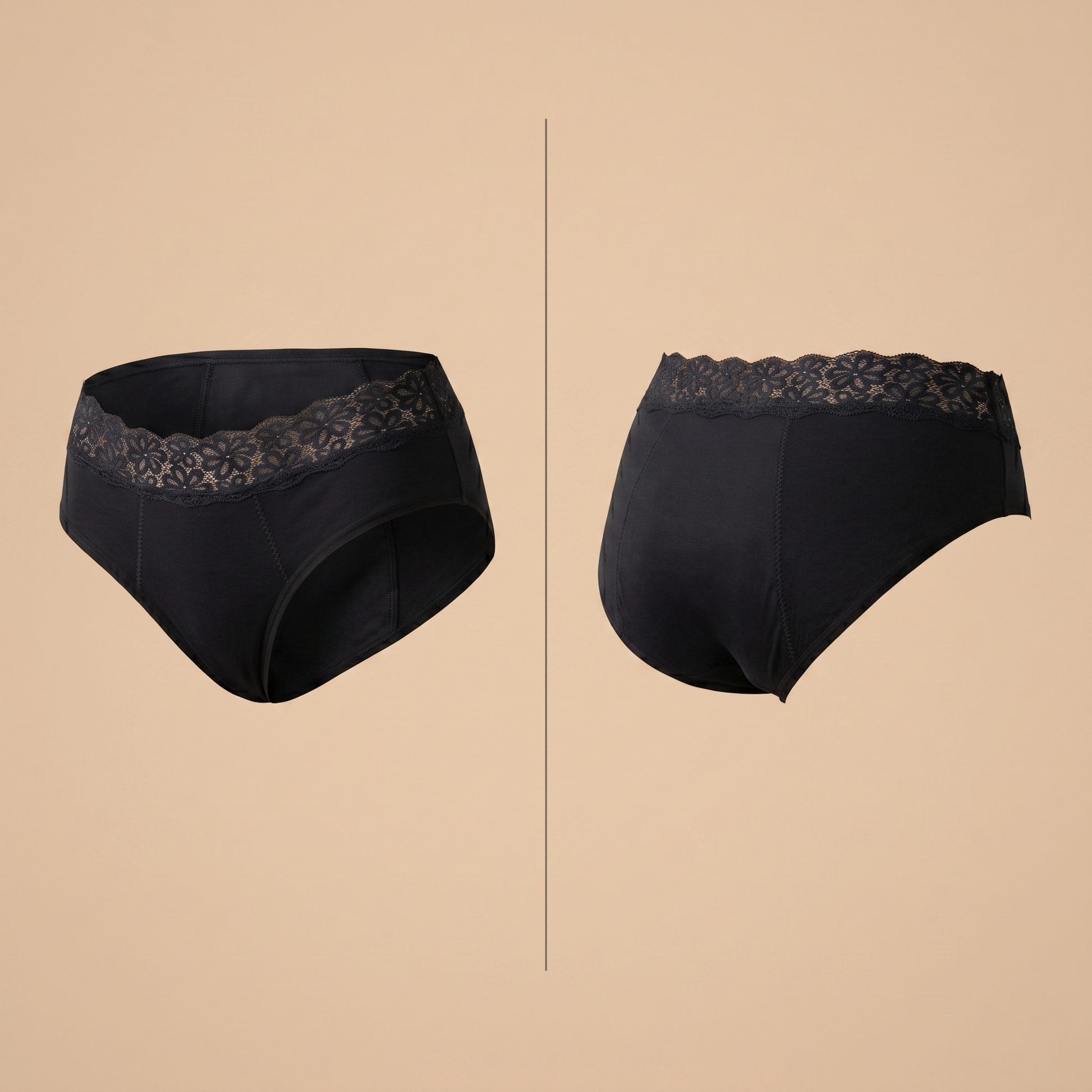 Floena Leakproof Soft Cotton Brief — black cotton period underwear with lace waistband